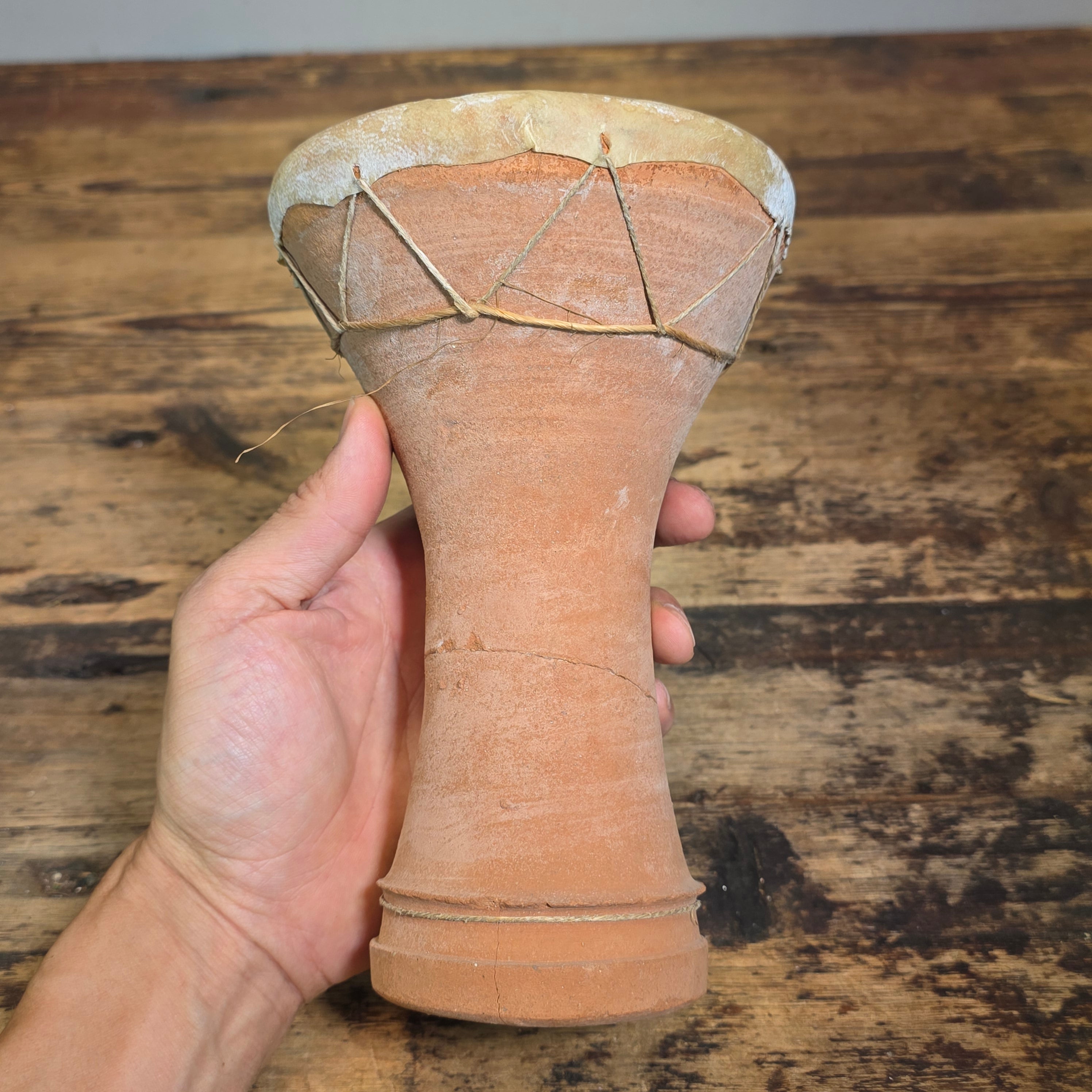 Vintage Moroccan Taarija Clay Hand Drum Terracotta Goat Skin Folk Art Percussion