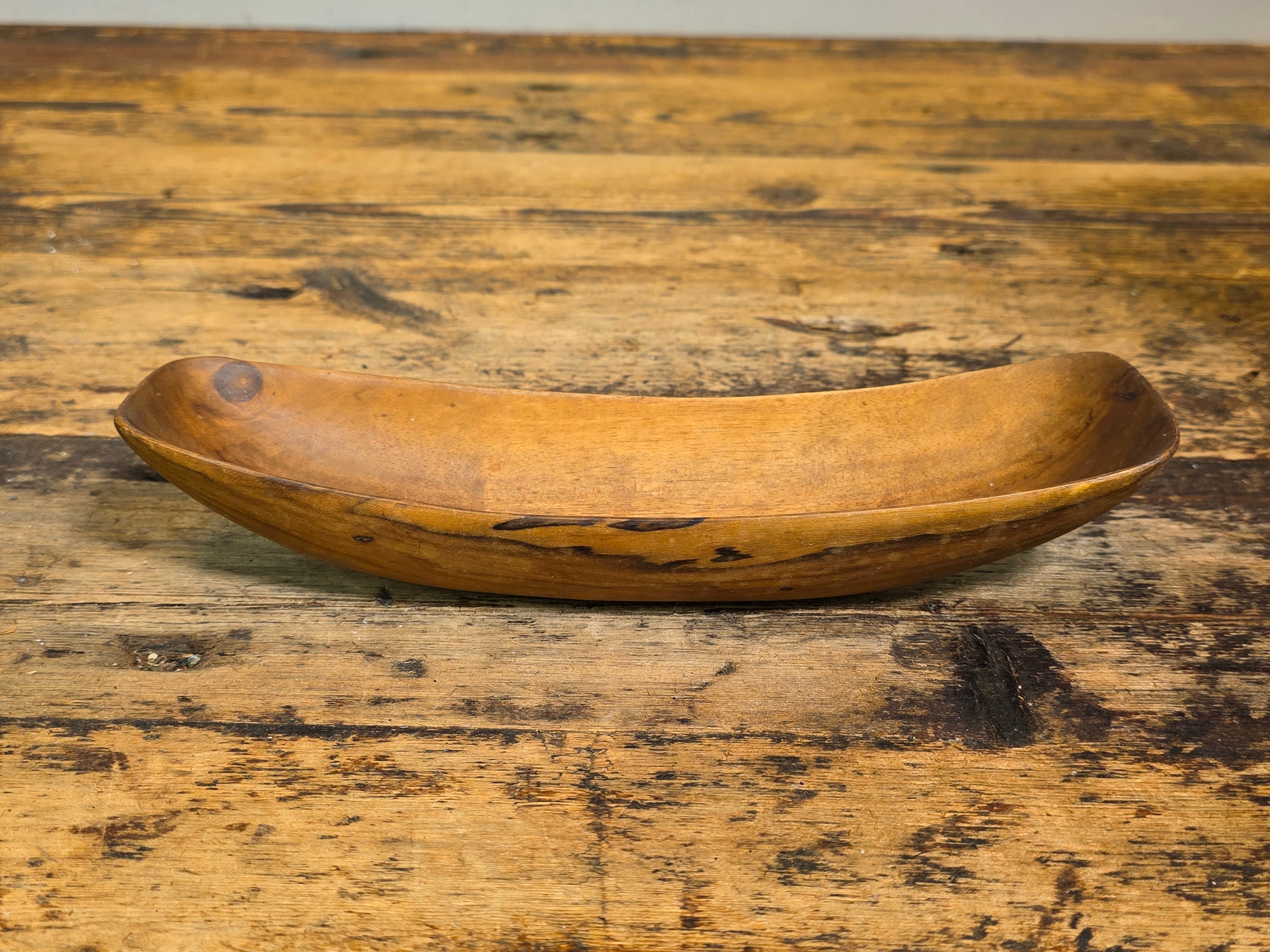 Share Vintage Mid Century Hand Carved Wooden Bowl Canoe Scoop Tray Signed Chan 10" Art