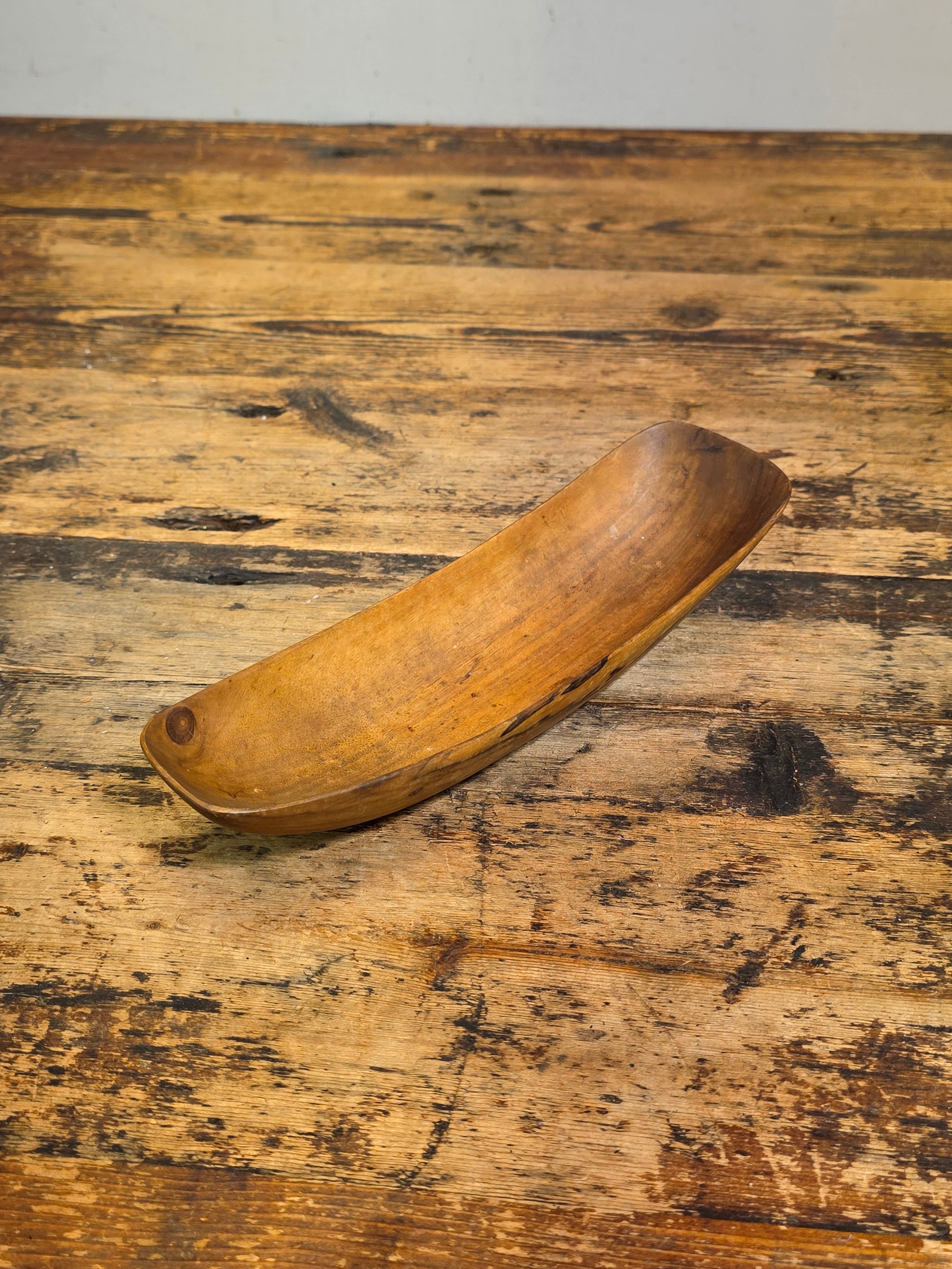 Share Vintage Mid Century Hand Carved Wooden Bowl Canoe Scoop Tray Signed Chan 10" Art