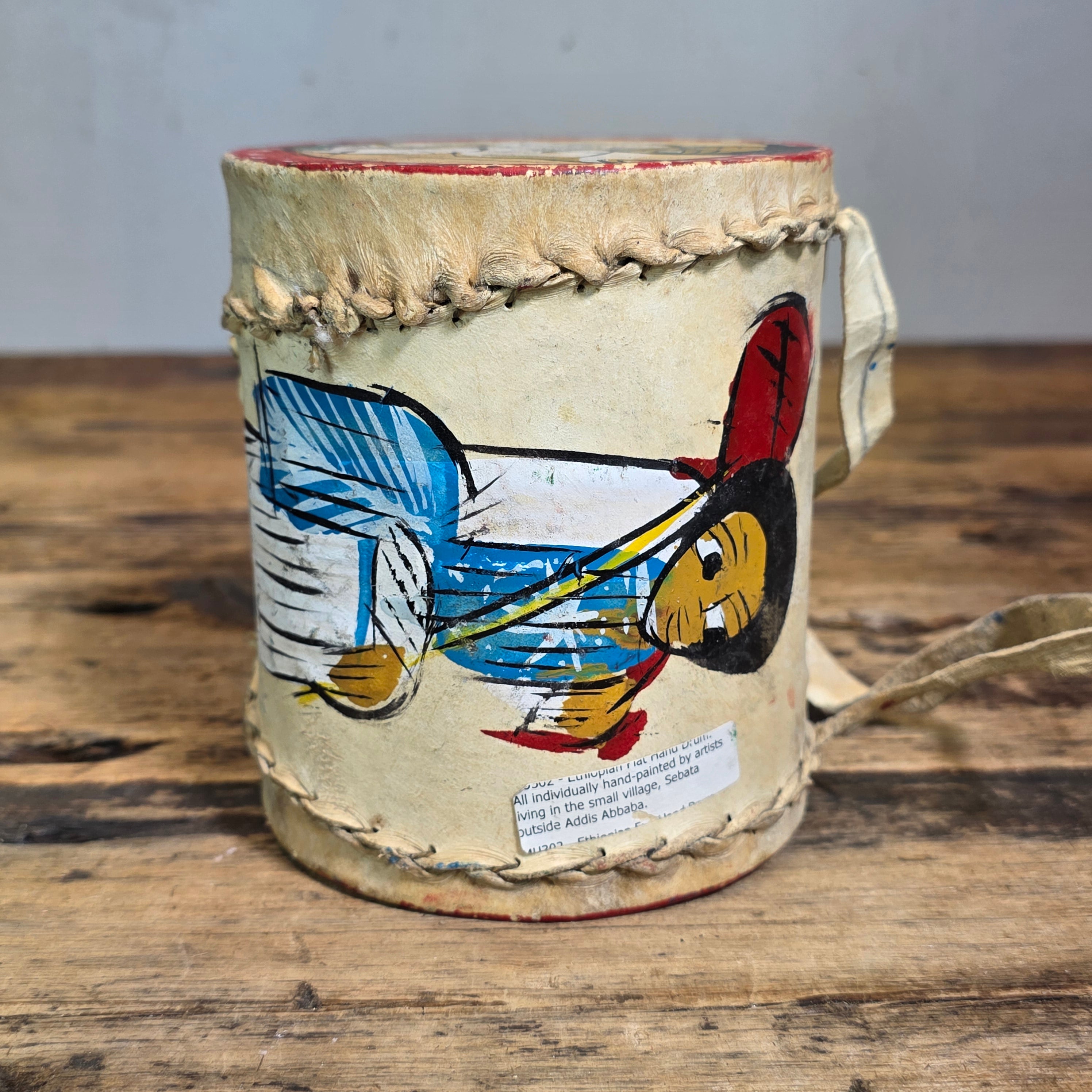 Vintage Ethiopian Leather Drum Flat Hand Drum 2pc Set Sebata Folk Art Painted Wall