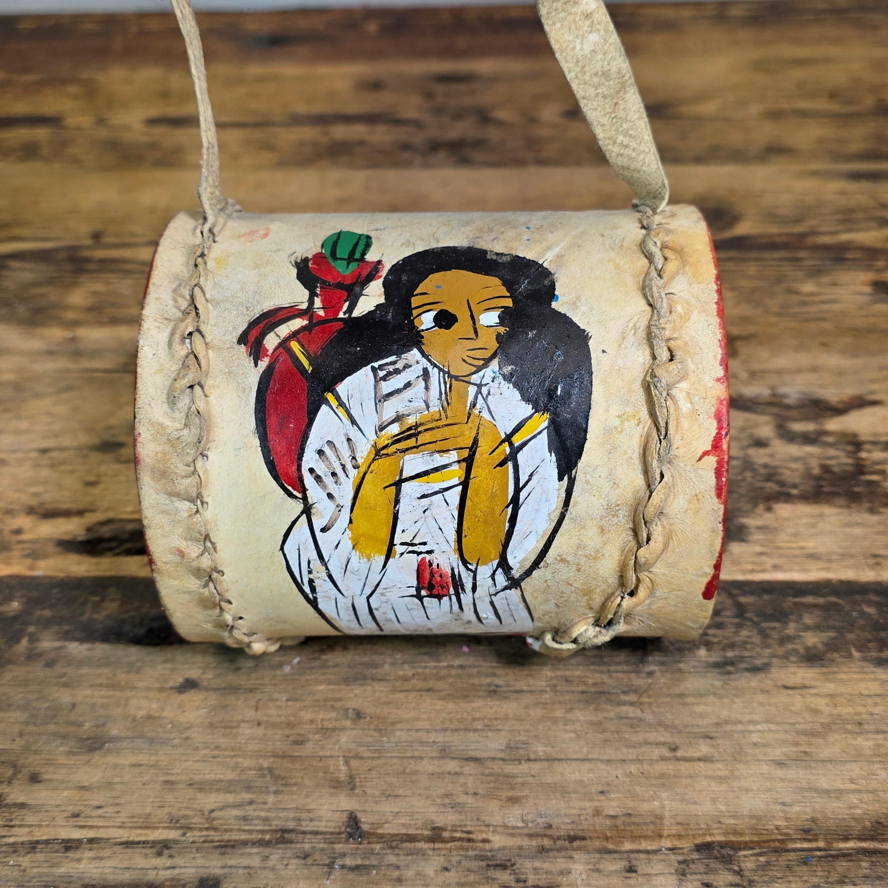 Vintage Ethiopian Leather Drum Flat Hand Drum 2pc Set Sebata Folk Art Painted Wall