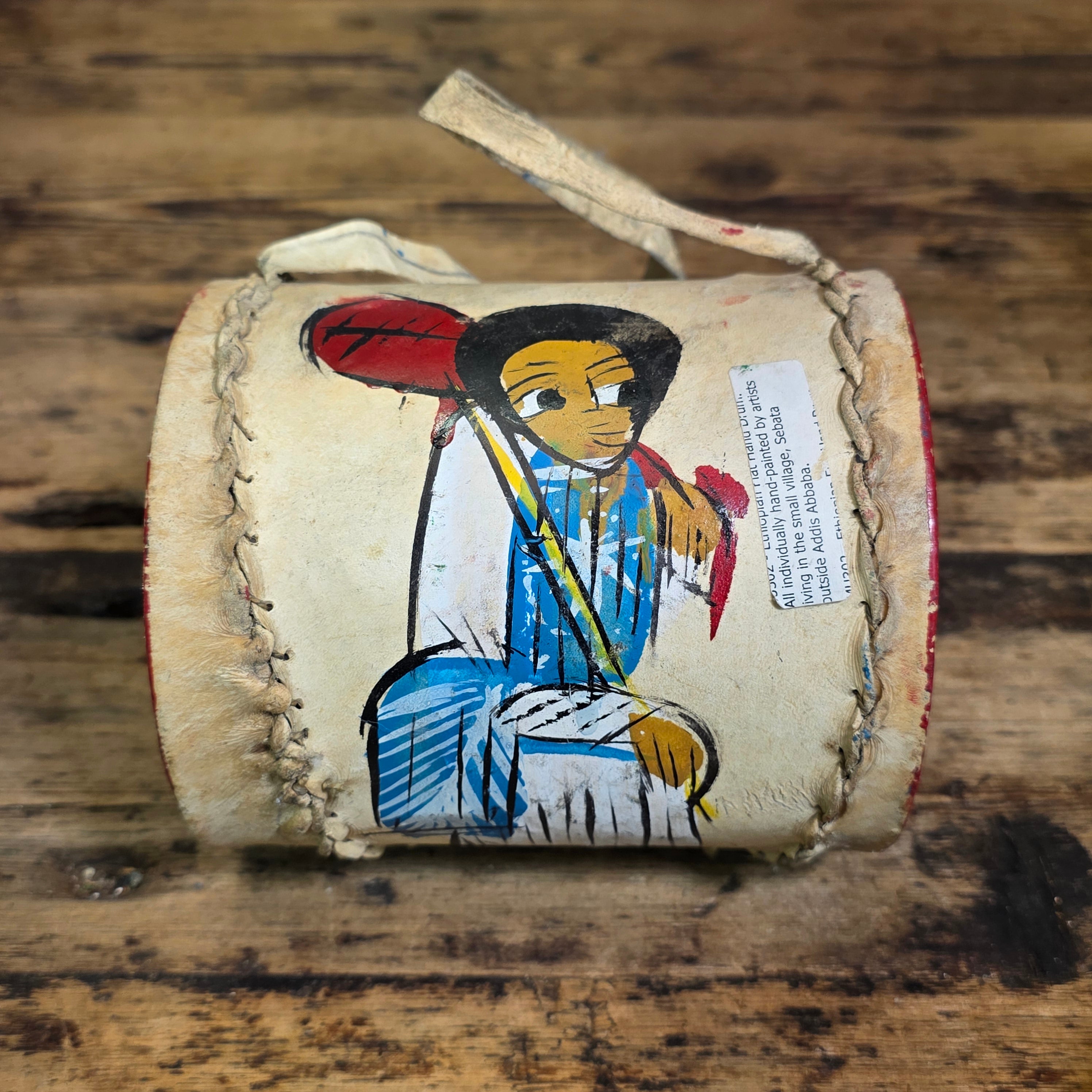 Vintage Ethiopian Leather Drum Flat Hand Drum 2pc Set Sebata Folk Art Painted Wall