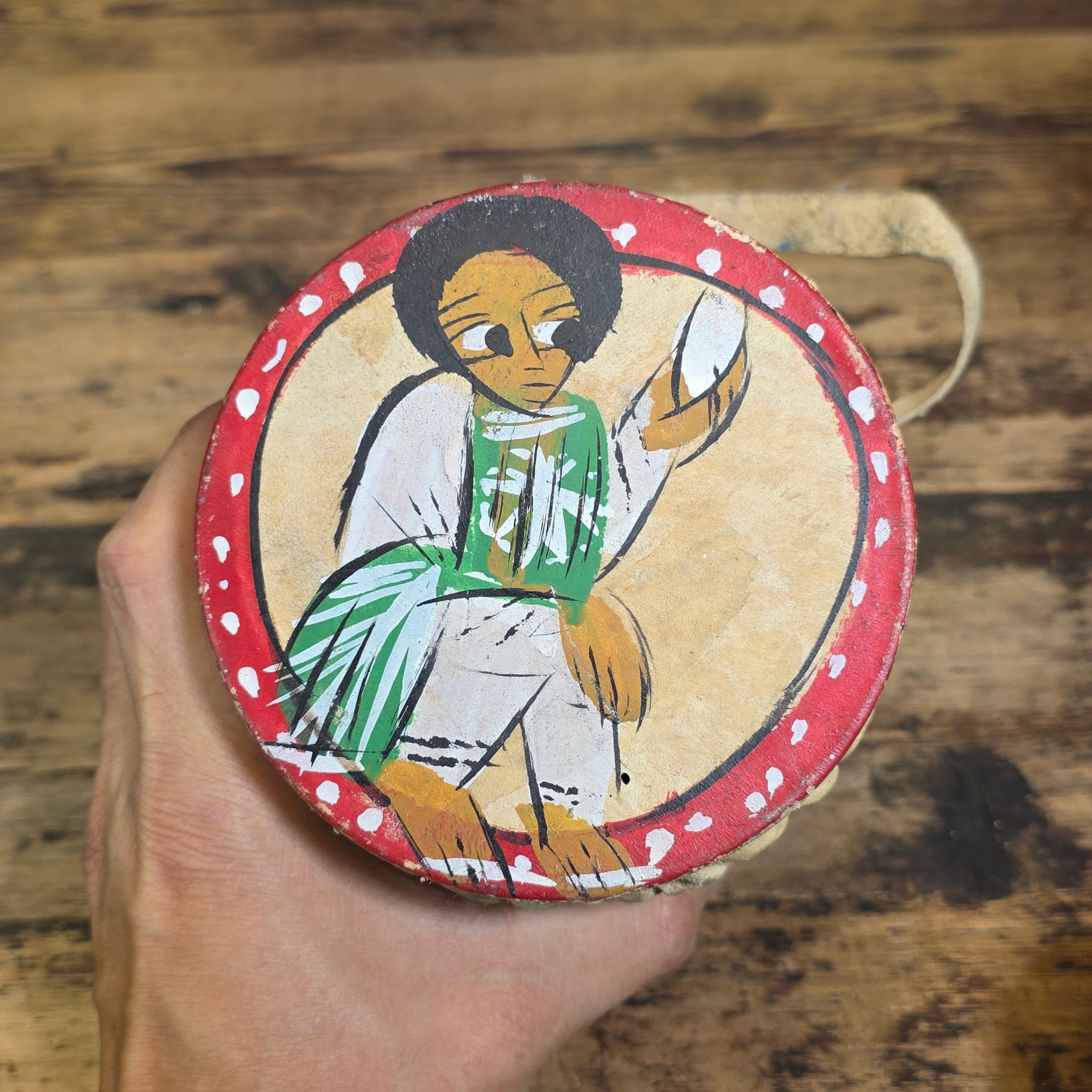 Vintage Ethiopian Leather Drum Flat Hand Drum 2pc Set Sebata Folk Art Painted Wall