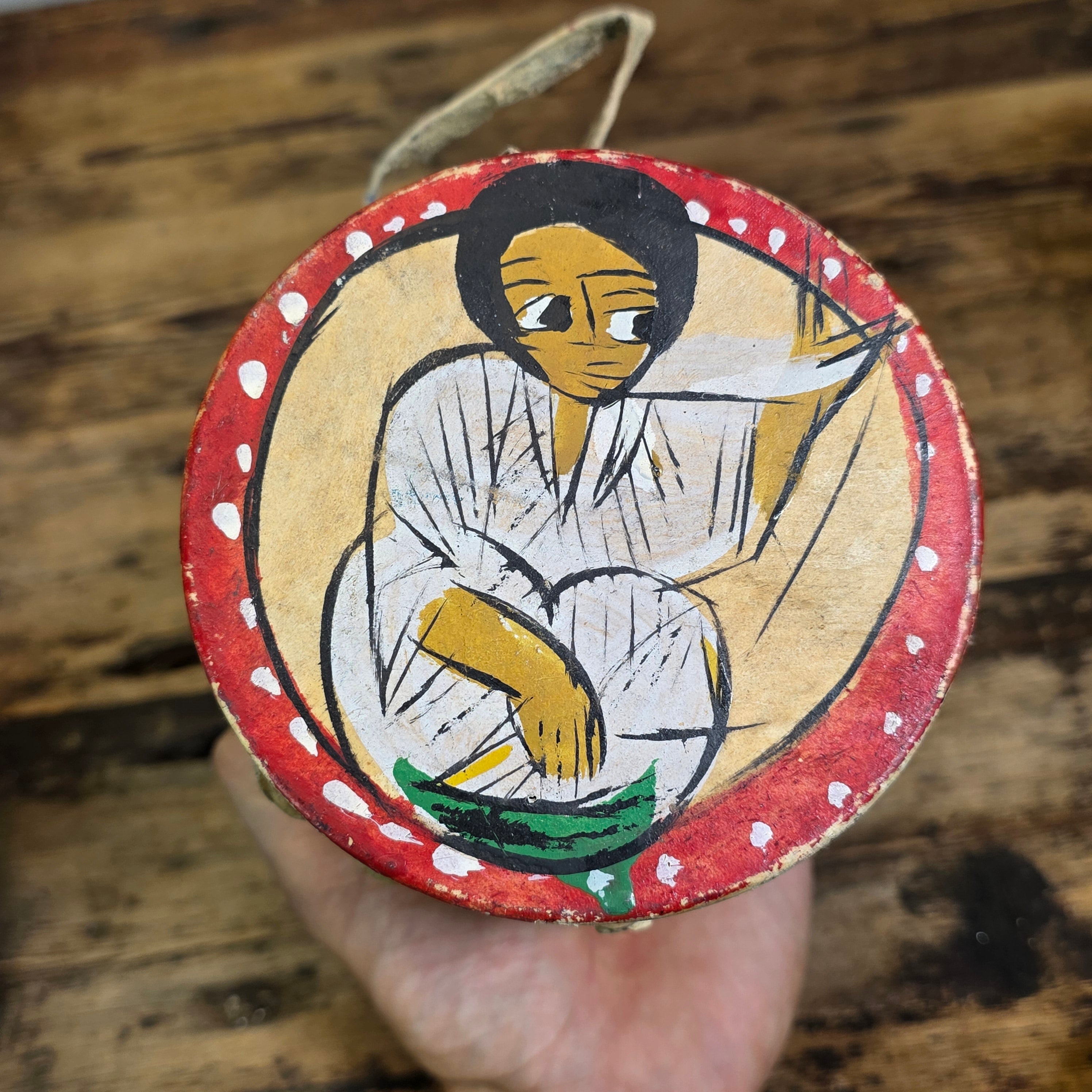Vintage Ethiopian Leather Drum Flat Hand Drum 2pc Set Sebata Folk Art Painted Wall