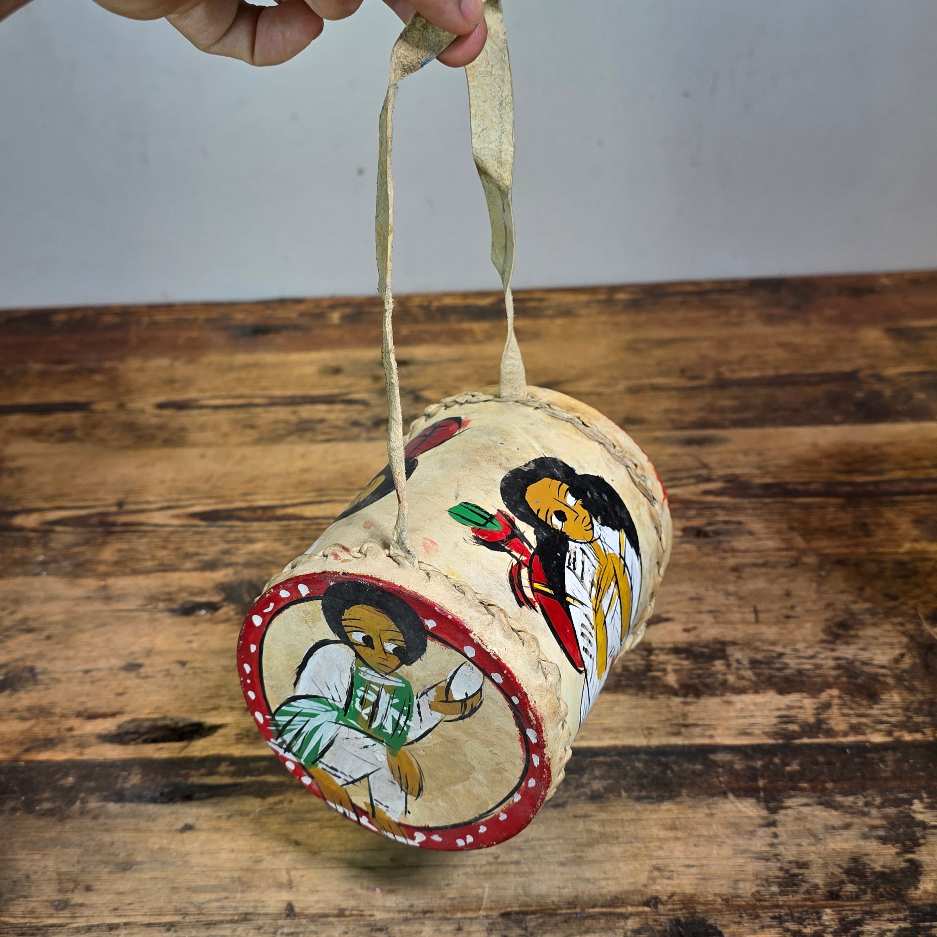 Vintage Ethiopian Leather Drum Flat Hand Drum 2pc Set Sebata Folk Art Painted Wall