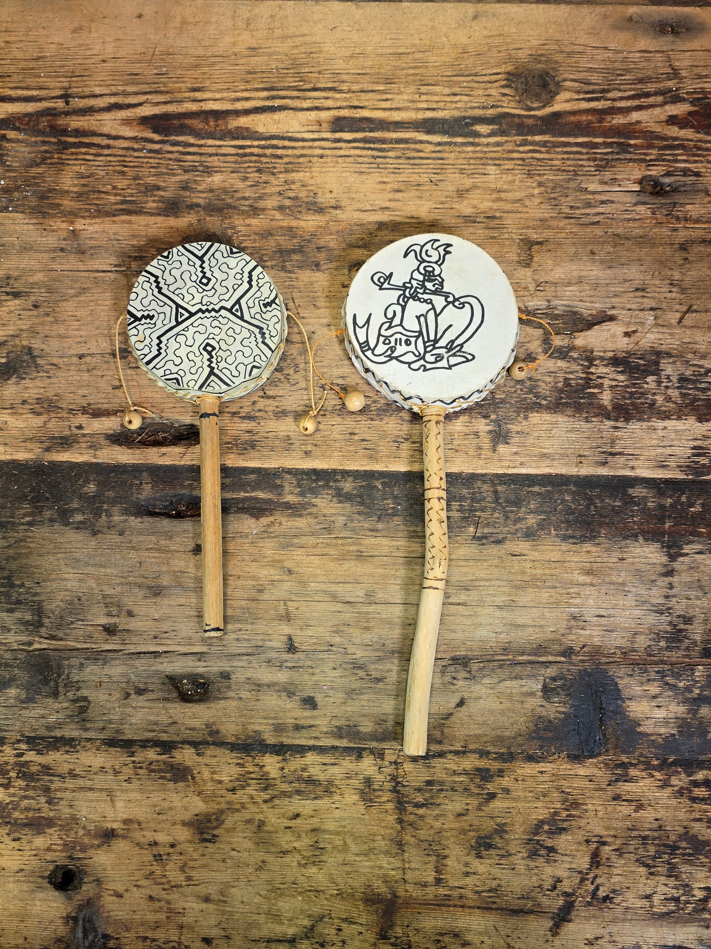Vintage Shipibo Peru Hand Drum Rattle Lot 2 Shamanic Folk Art Percussion Toy Wood
