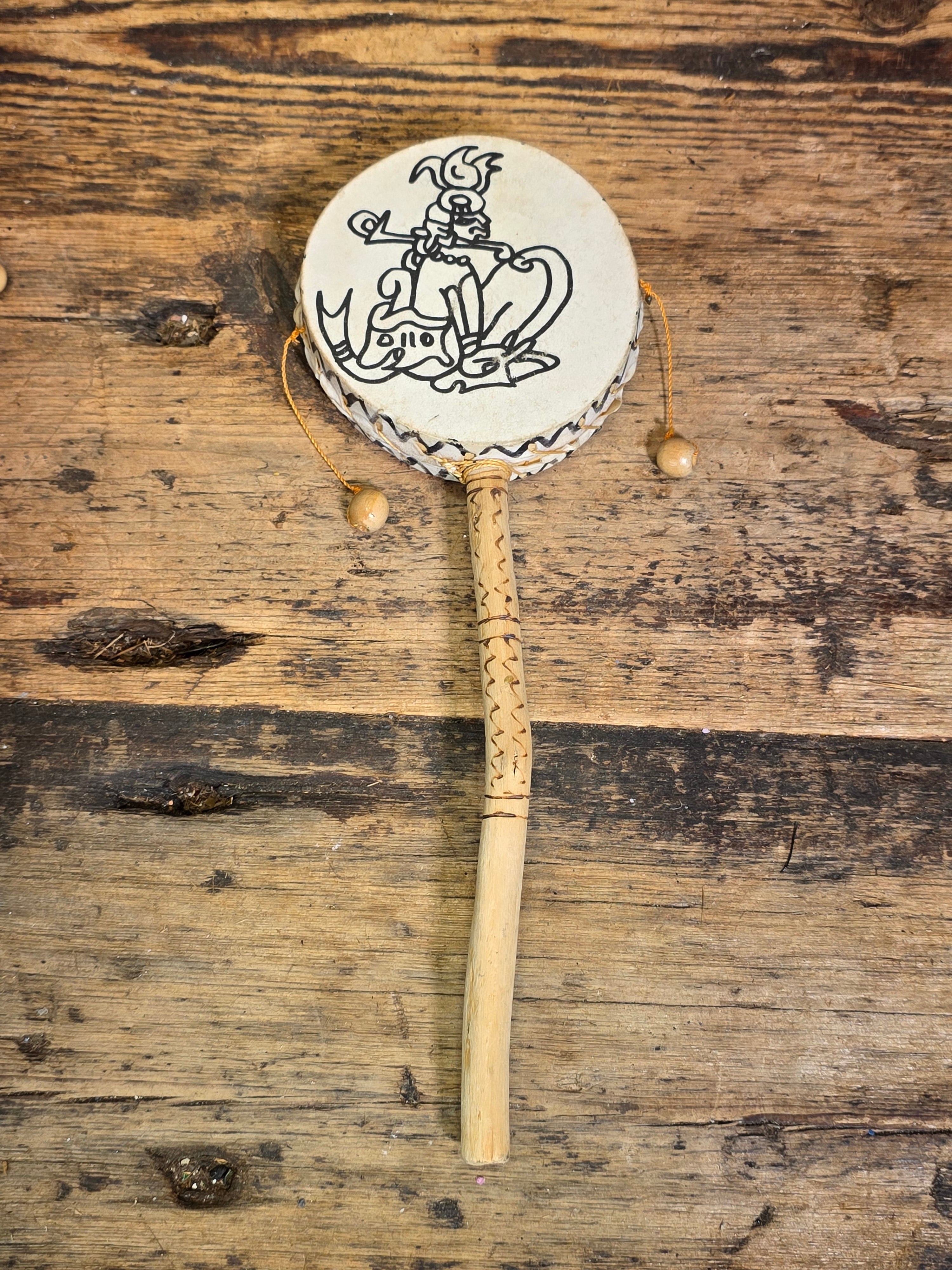 Vintage Shipibo Peru Hand Drum Rattle Lot 2 Shamanic Folk Art Percussion Toy Wood