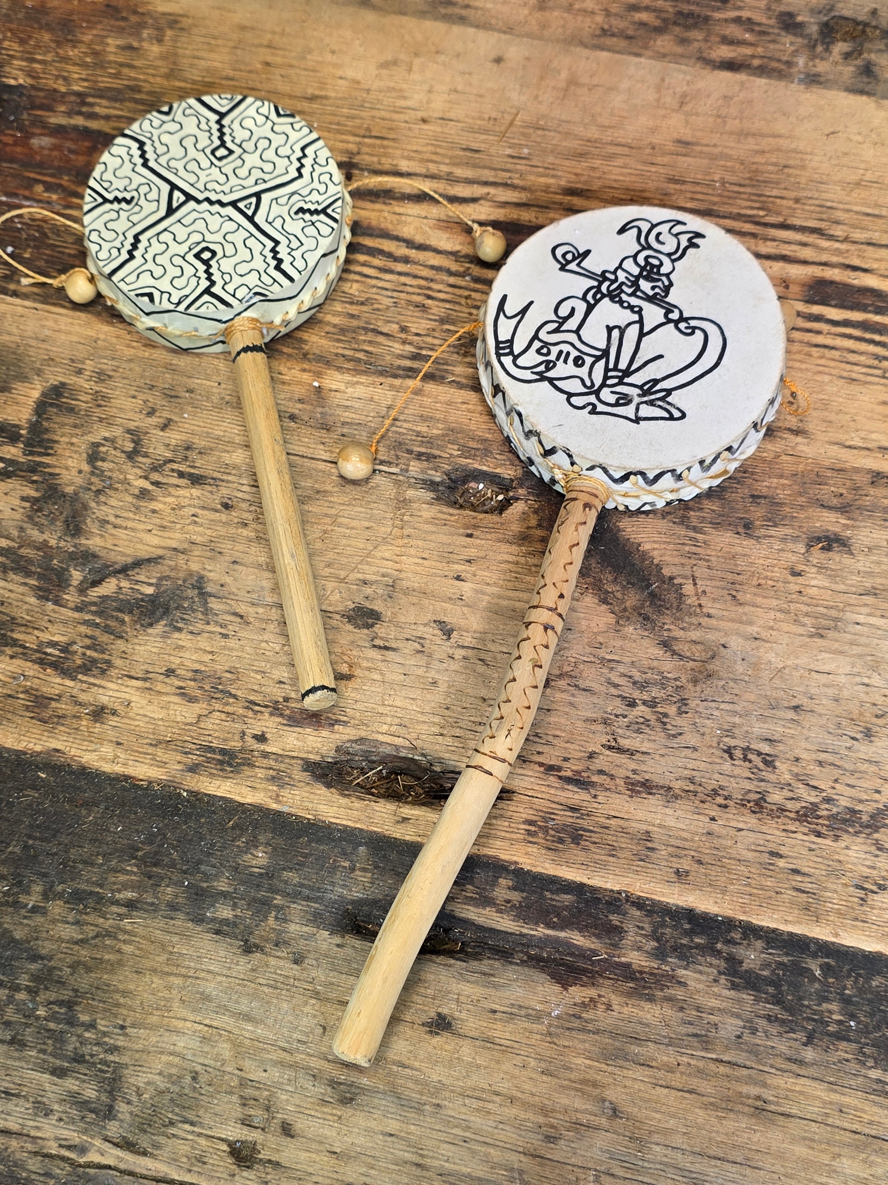 Vintage Shipibo Peru Hand Drum Rattle Lot 2 Shamanic Folk Art Percussion Toy Wood