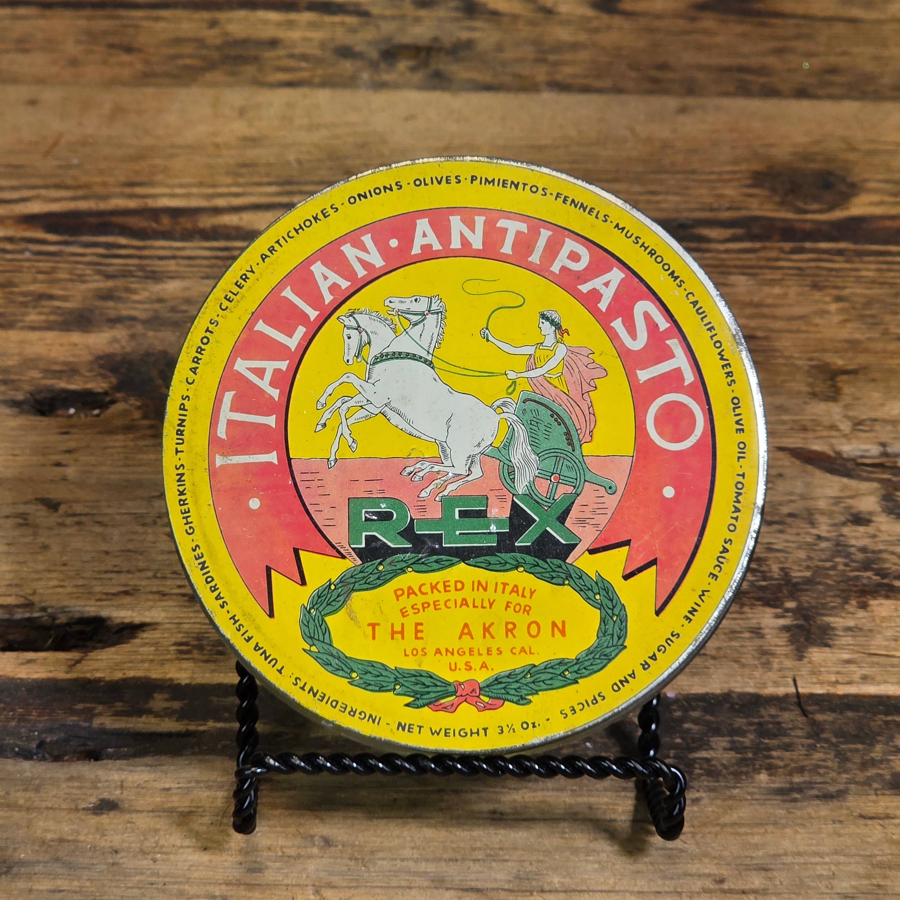 Vintage REX Italian Antipasto Tin Glass Jar The Akron Los Angeles CA Food Can