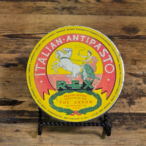 Vintage REX Italian Antipasto Tin Glass Jar The Akron Los Angeles CA Food Can
