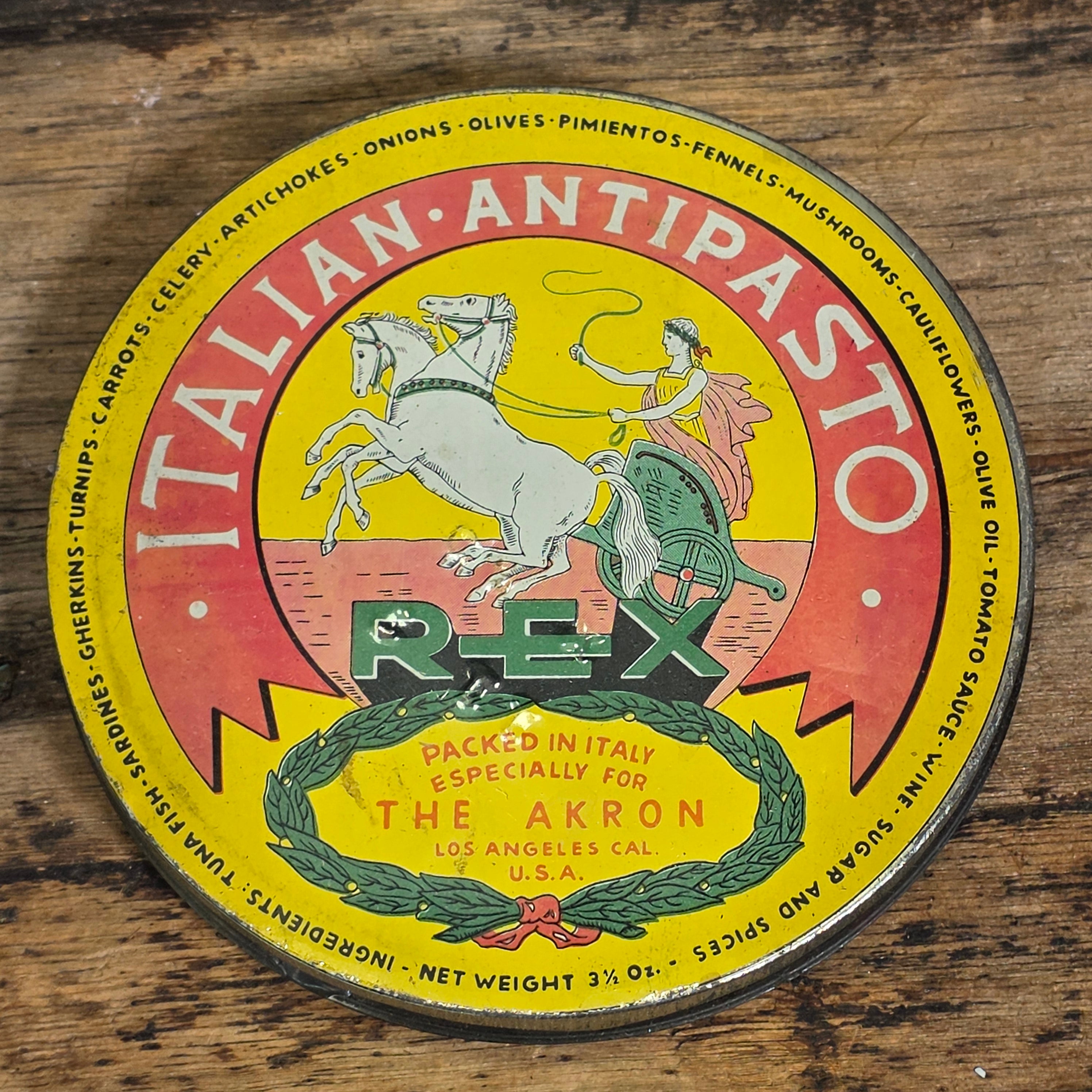 Vintage REX Italian Antipasto Tin Glass Jar The Akron Los Angeles CA Food Can