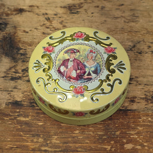 Share Vintage Baret Ware Tin Miniature Round Yellow Victorian Couple Trinket Pill Box