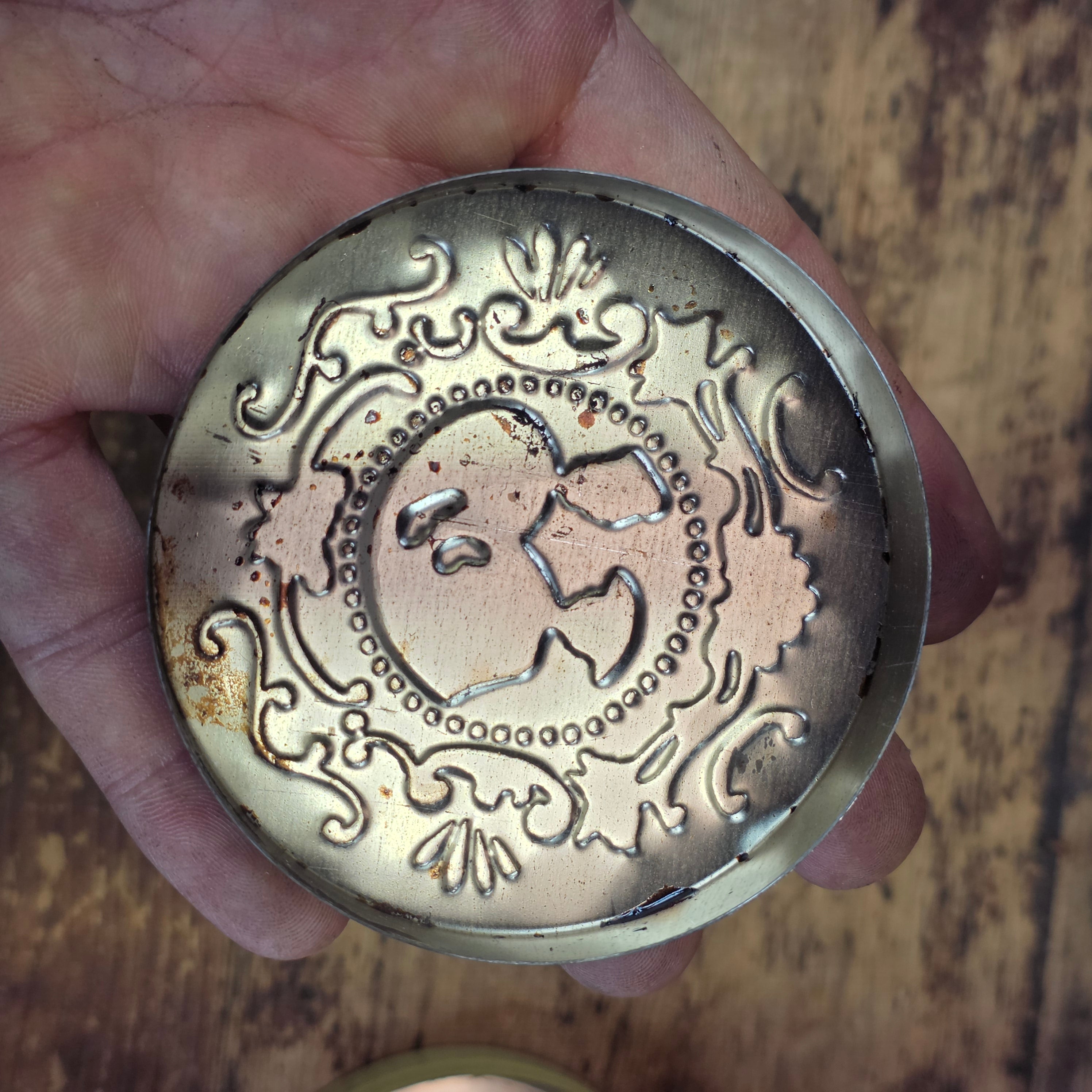 Share Vintage Baret Ware Tin Miniature Round Yellow Victorian Couple Trinket Pill Box
