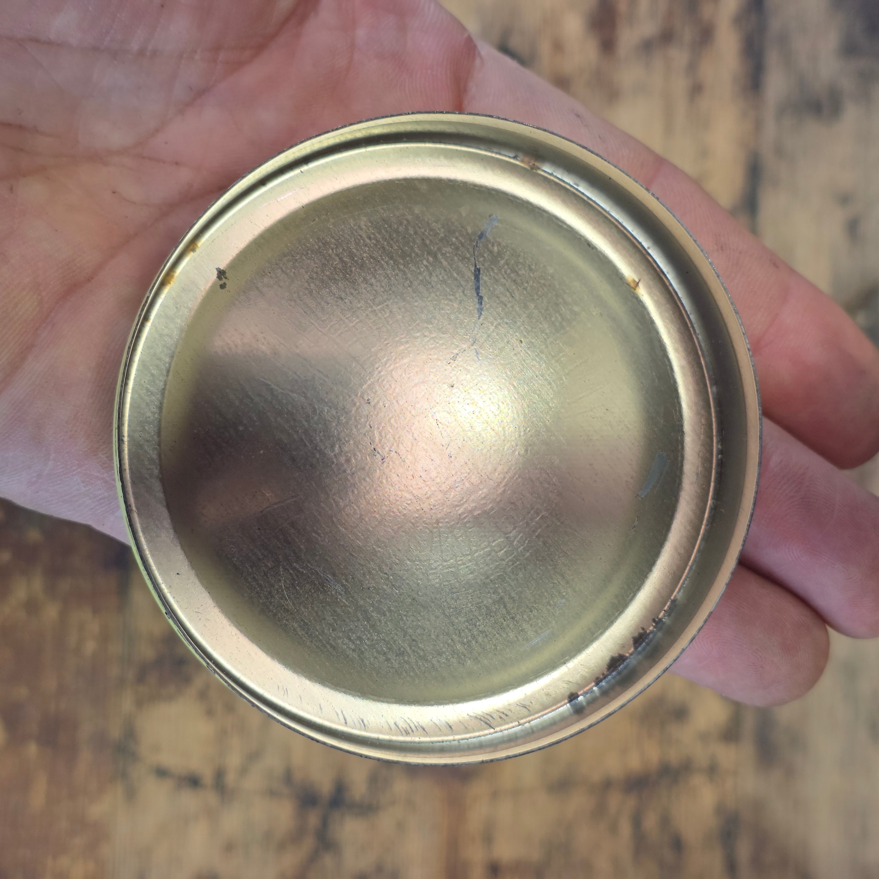 Share Vintage Baret Ware Tin Miniature Round Yellow Victorian Couple Trinket Pill Box