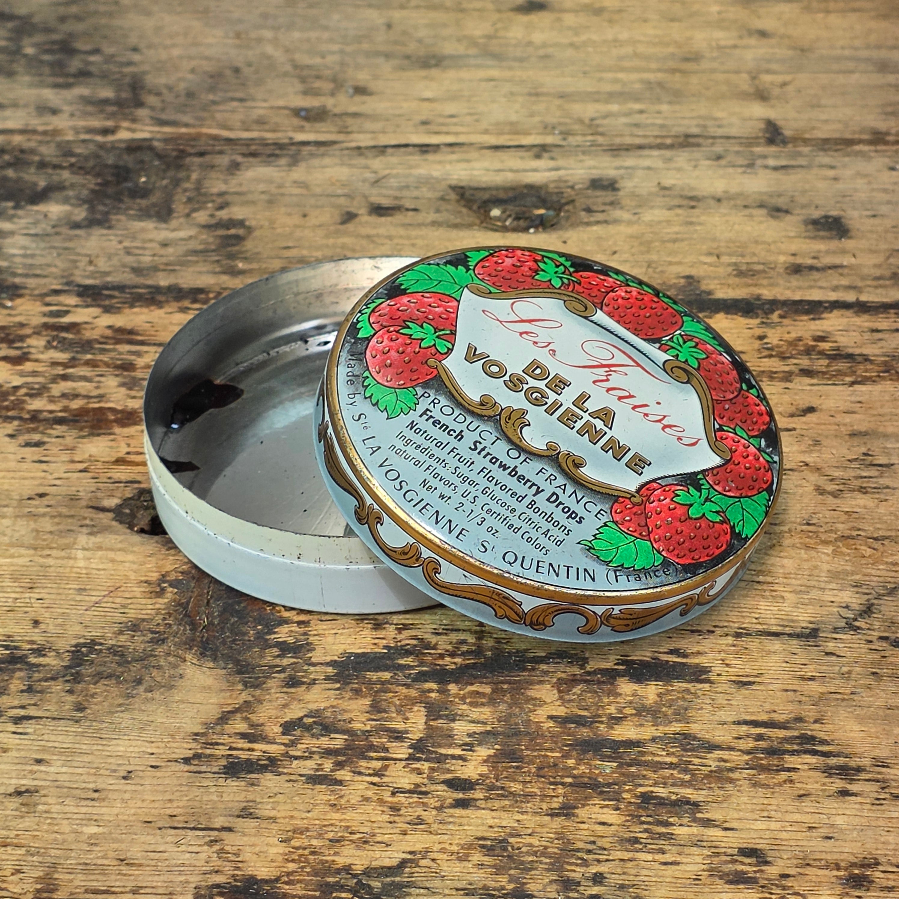 Vintage La Vosgienne French Strawberry Candy Tin Box Empty Les Fraises France 3"