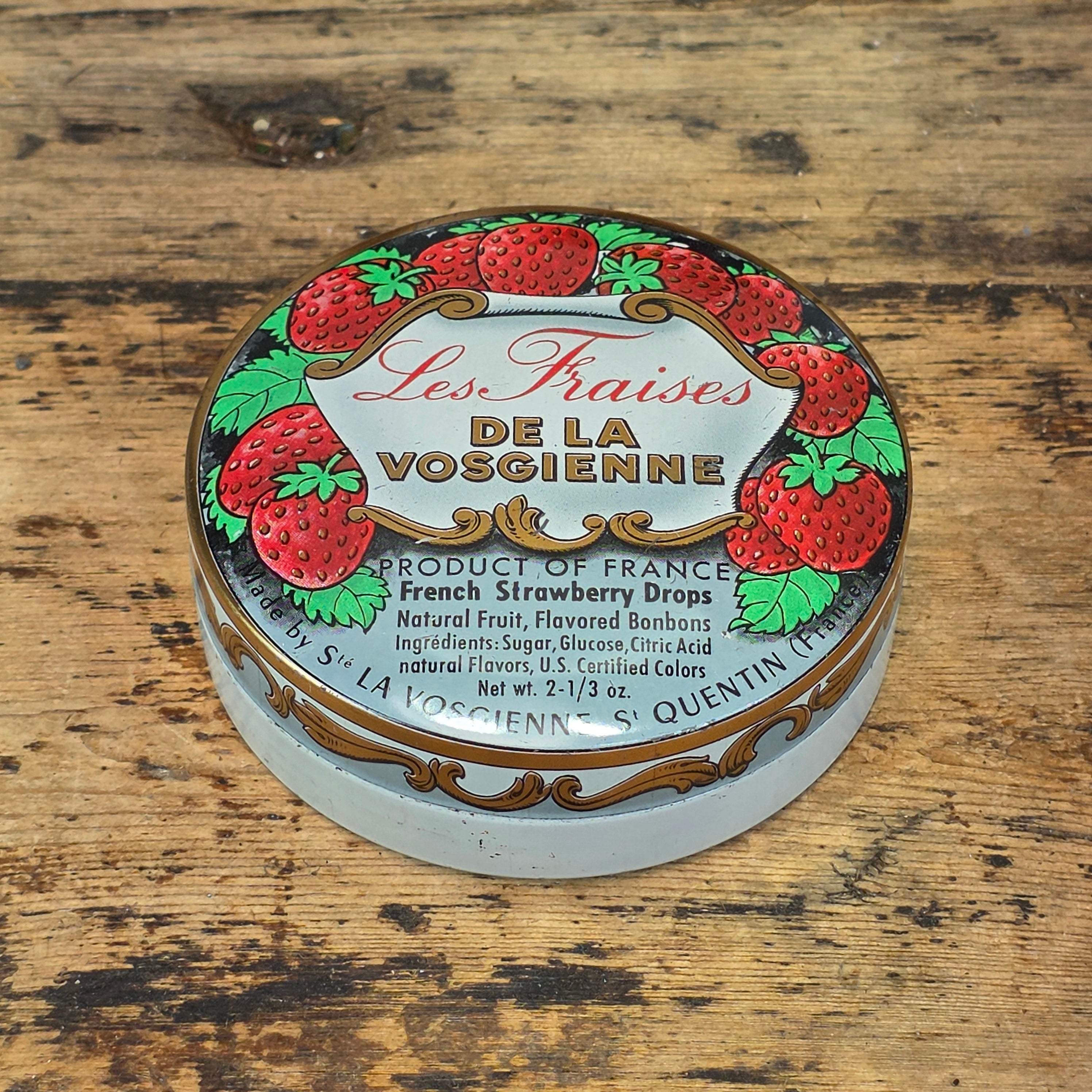 Vintage La Vosgienne French Strawberry Candy Tin Box Empty Les Fraises France 3"