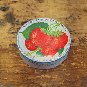 Vintage Tissot Strawberry Drops Candy Tin Empty French Cresca NY 1950s 3" (A)