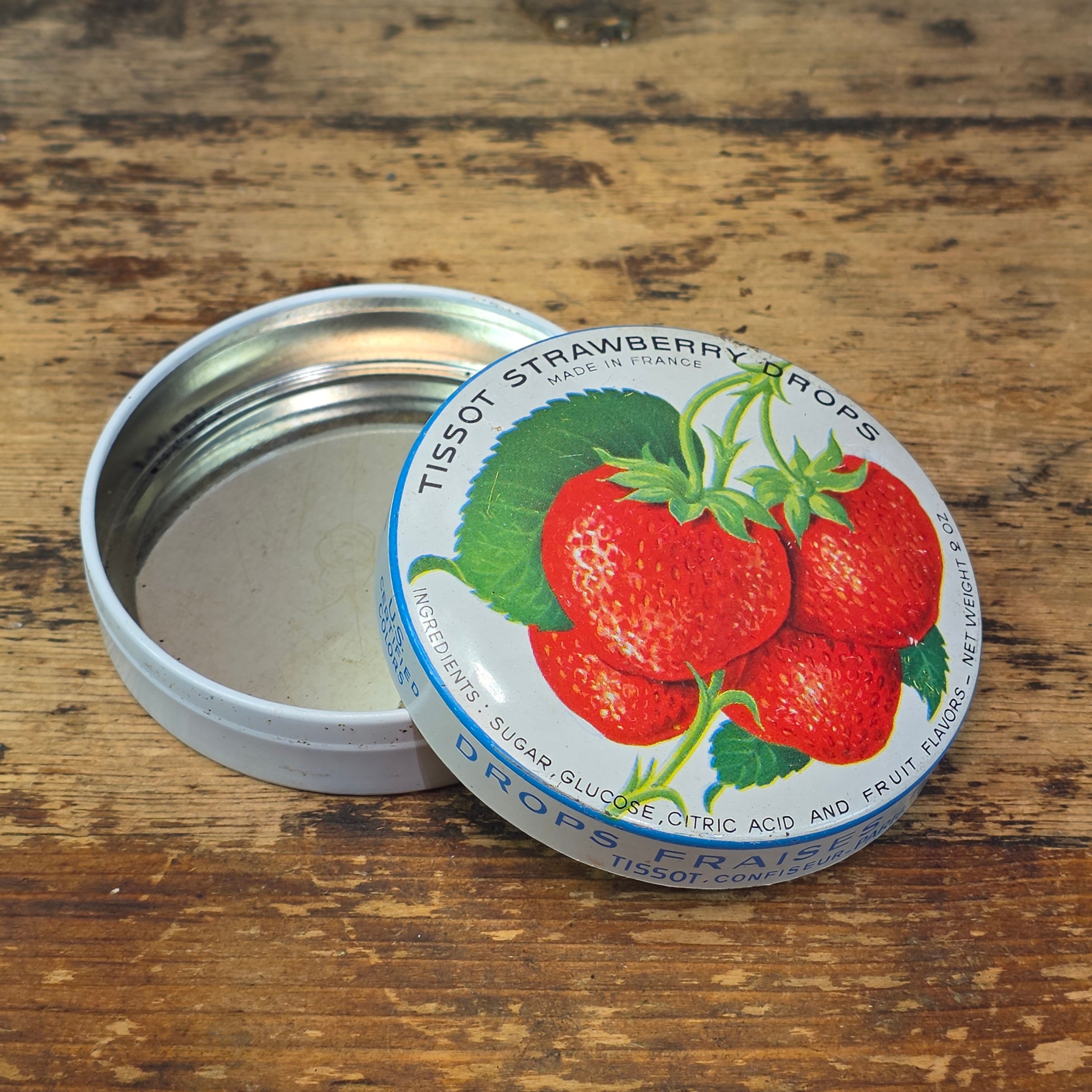 Vintage Tissot Strawberry Drops Candy Tin Empty French Cresca NY 1950s 3" (A)