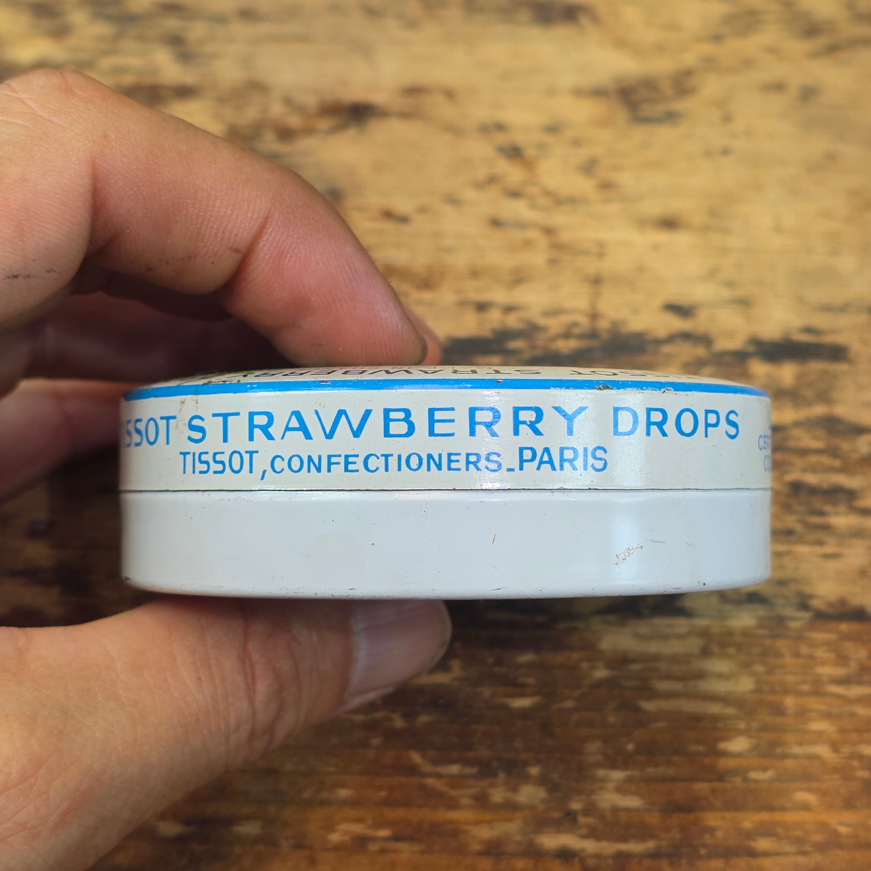 Vintage Tissot Strawberry Drops Candy Tin Empty French Cresca NY 1950s 3" (A)