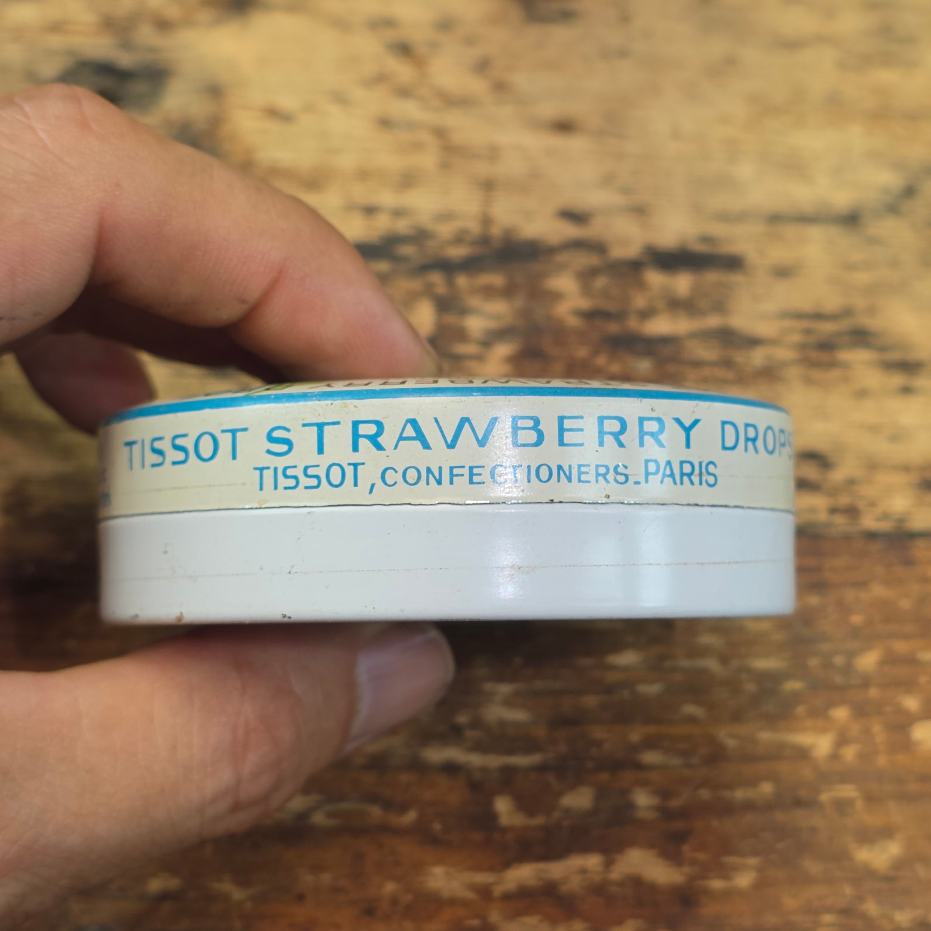 Vintage Tissot Strawberry Drops Candy Tin Empty French Cresca NY 1950s 3" (B)
