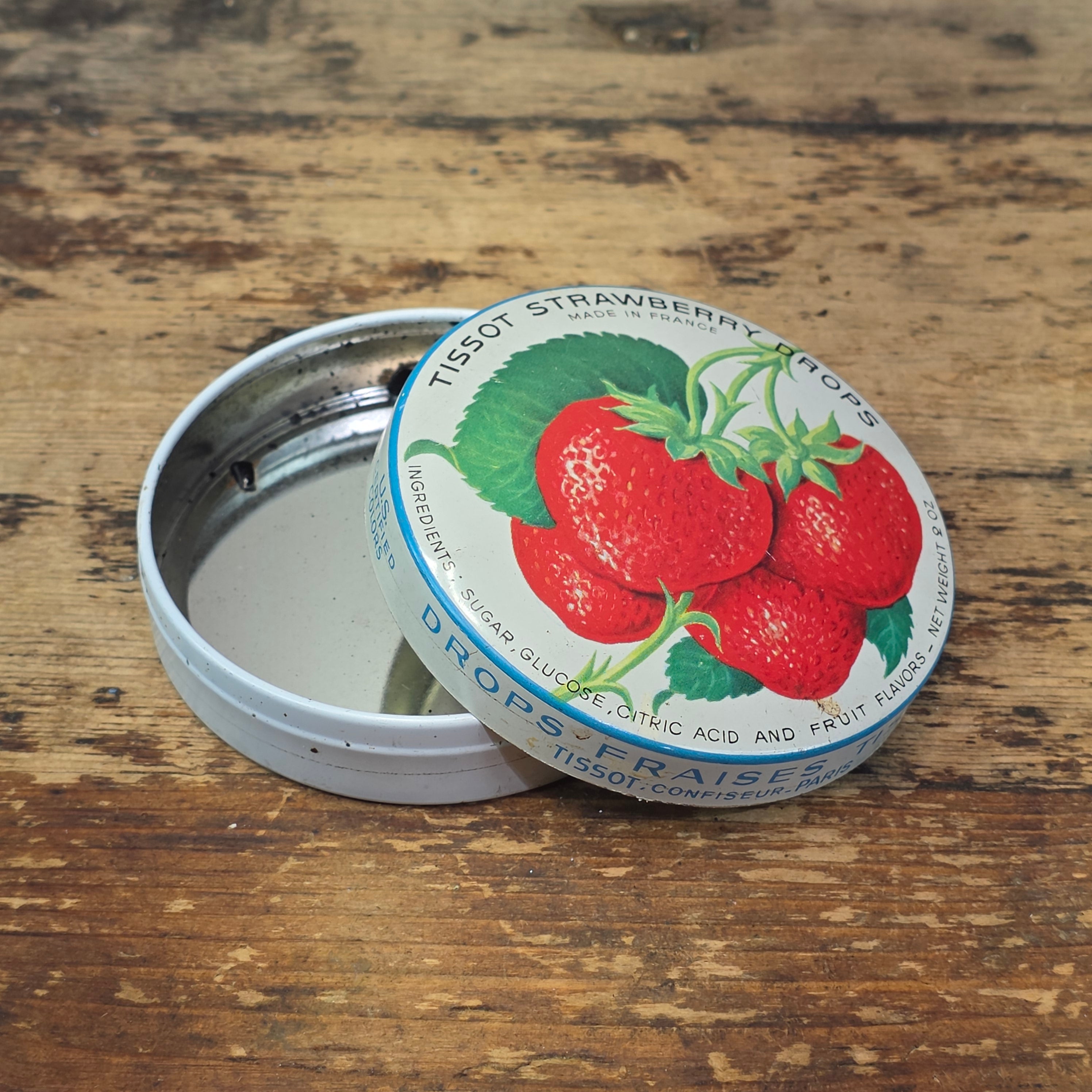 Vintage Tissot Strawberry Drops Candy Tin Empty French Cresca NY 1950s 3" (B)