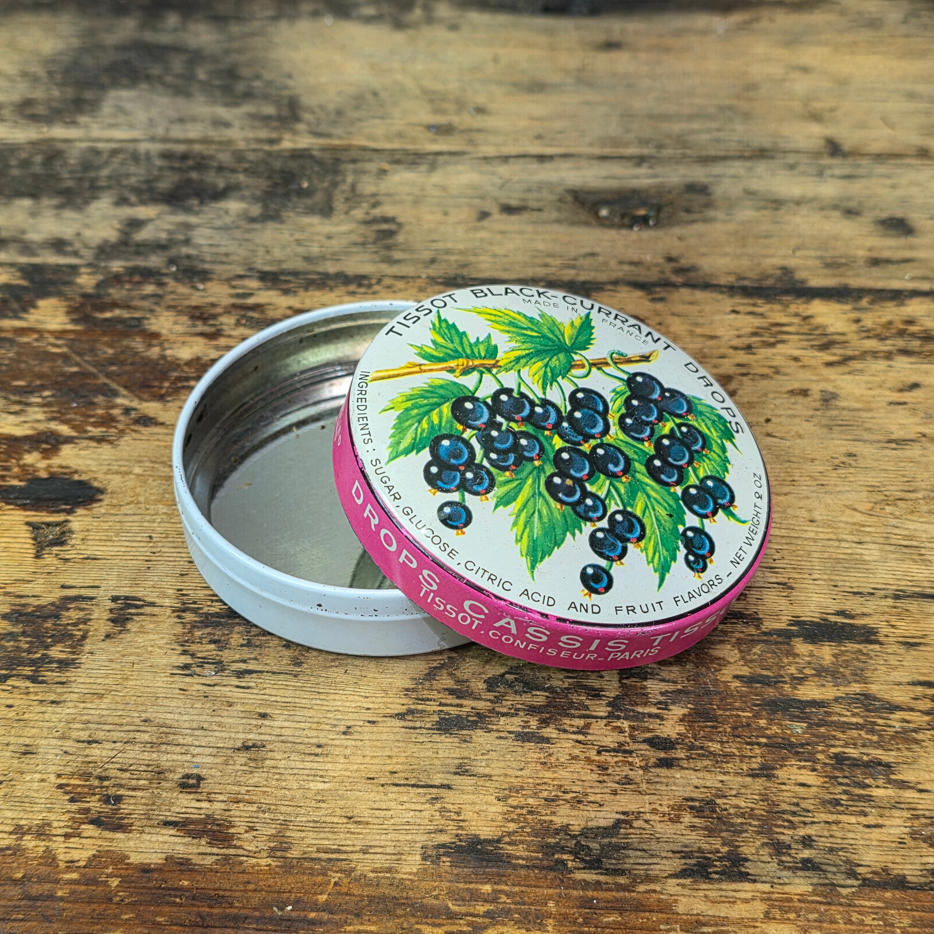 Vintage Tissot Black Currant Cassis Candy Tin Metal France Confiseur Paris (A)