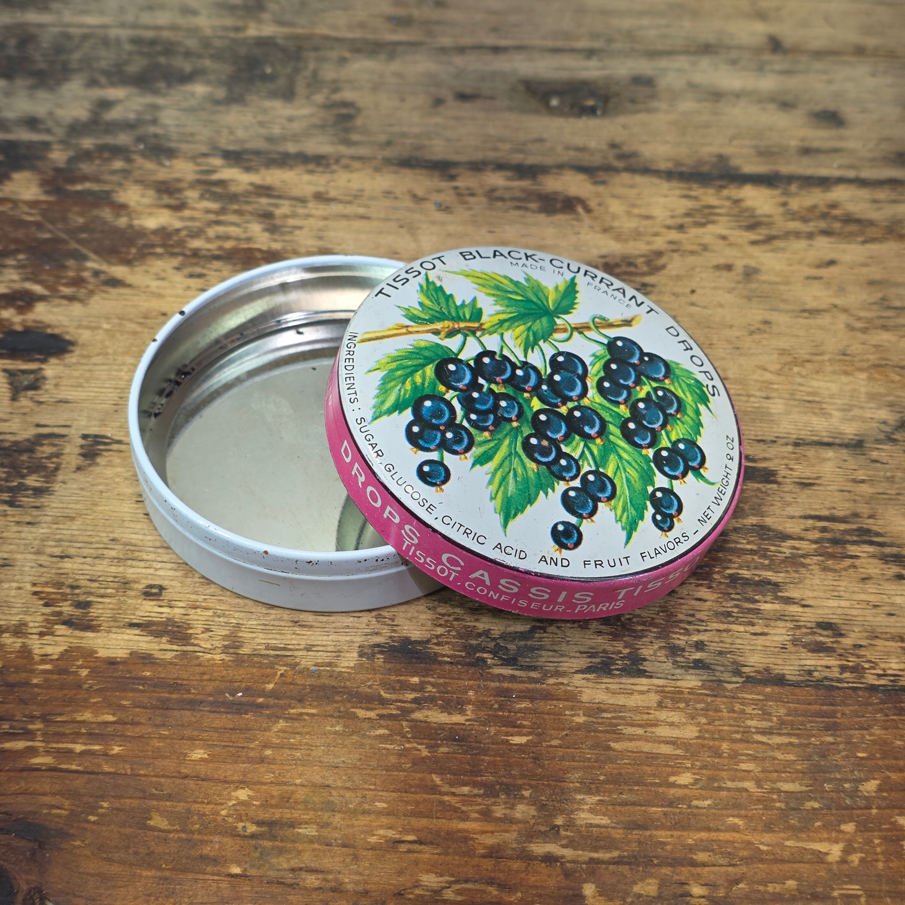 Vintage Tissot Black Currant Cassis Candy Tin Metal France Confiseur Paris (B)