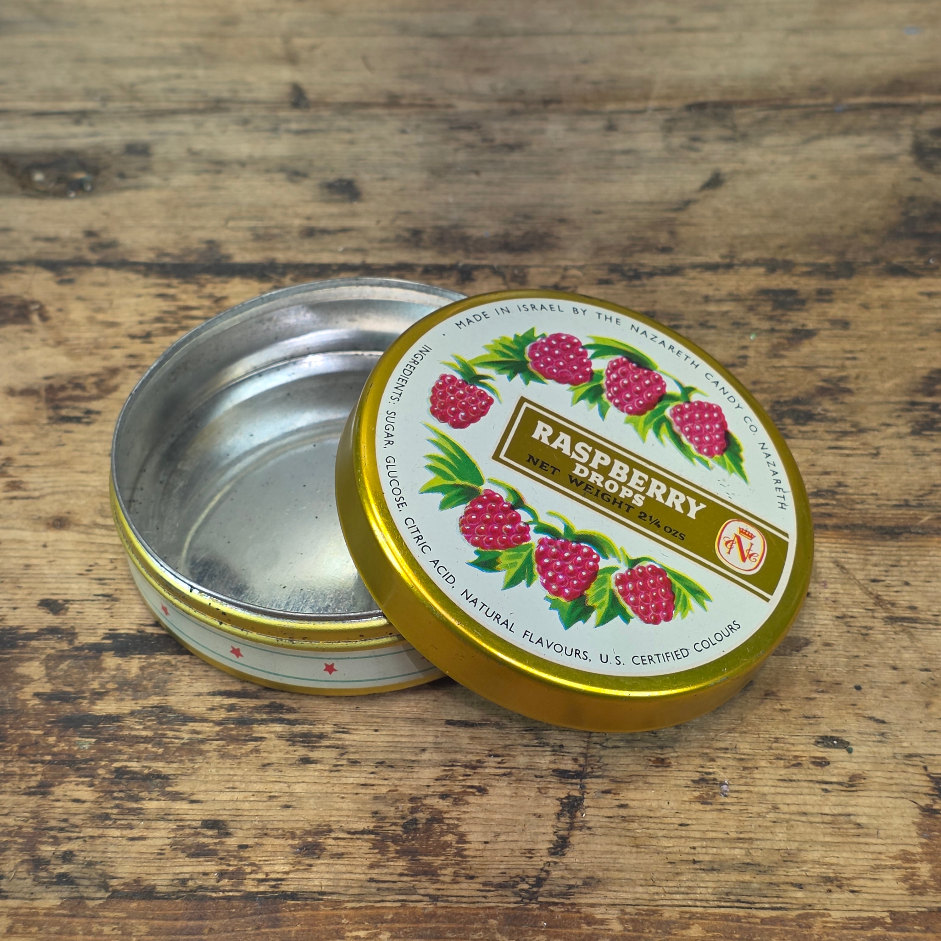 Vintage Nazareth Candy Co Israel Raspberry Drops Empty Metal Tin Gold Stars (A)