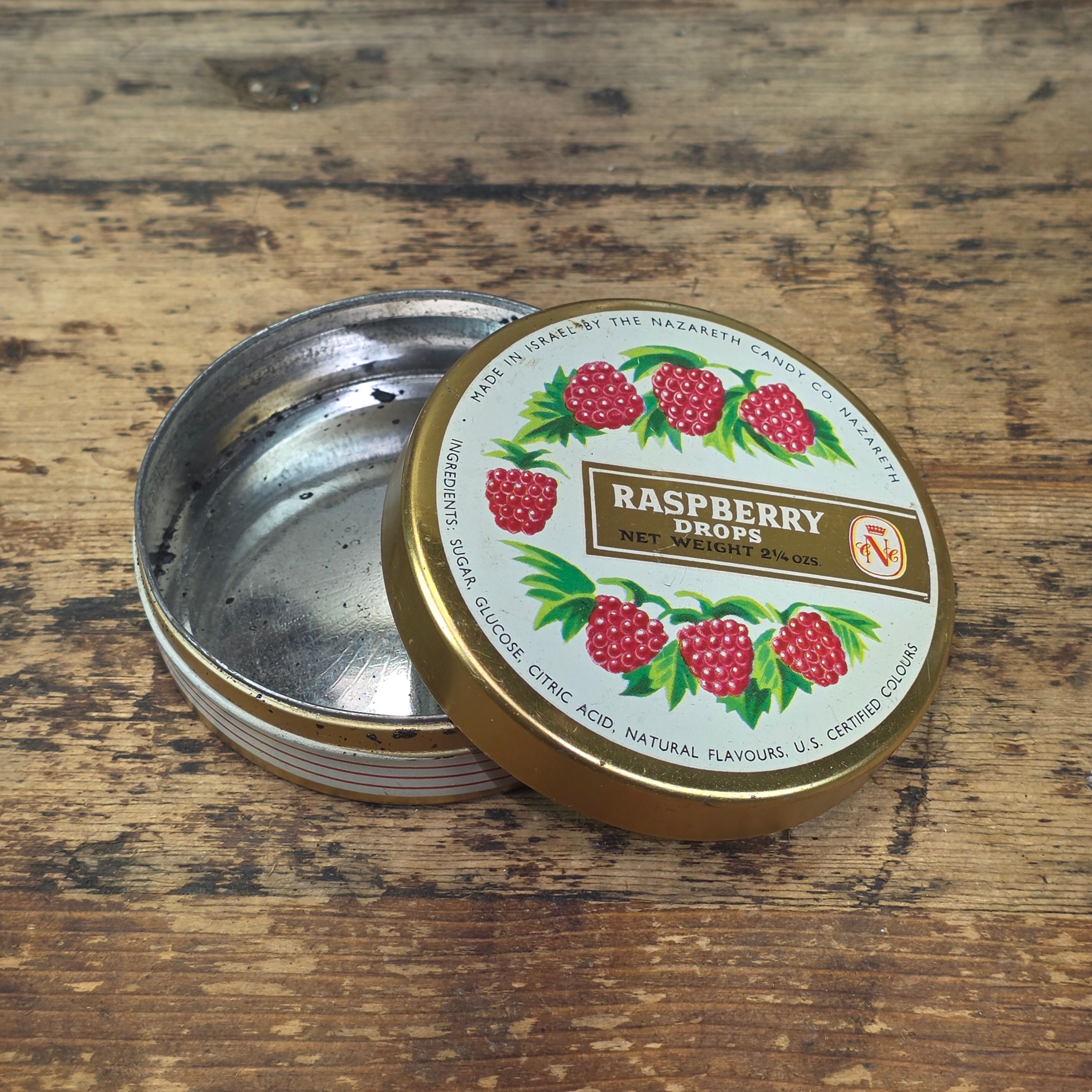 Vintage Nazareth Candy Co Israel Raspberry Drops Empty Metal Tin Gold Stars (B)