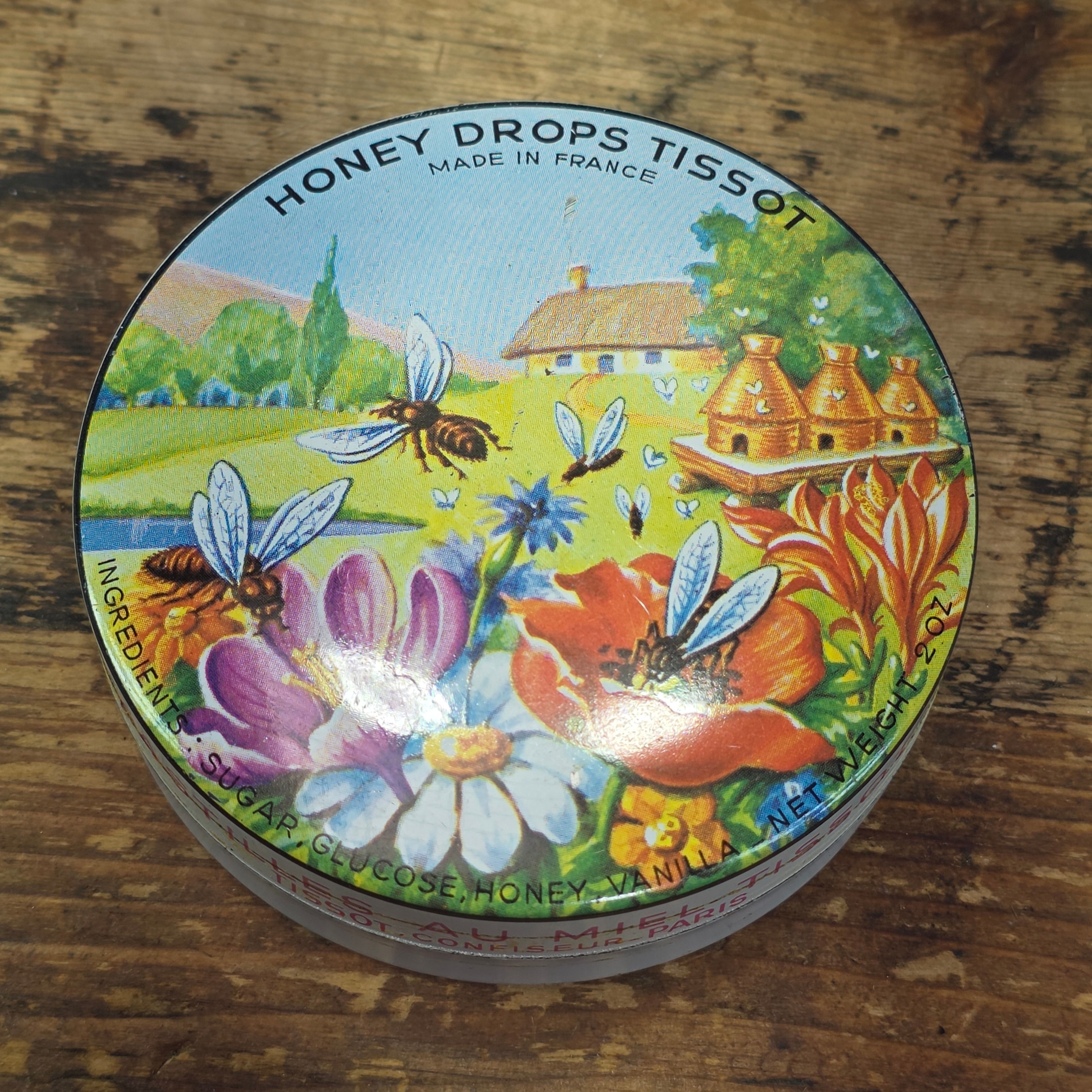 Vintage Tissot Honey Drops Tin Metal France Bee Floral Cresca NY Empty Box