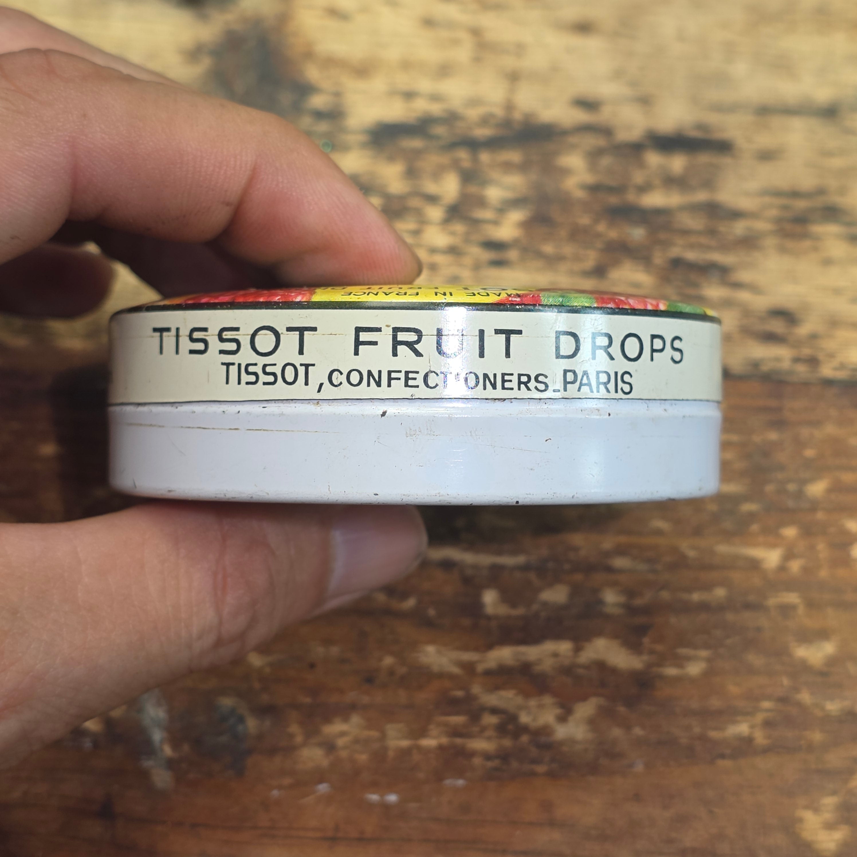 Vintage Tissot Mixed Fruit Candy Tin Empty Metal France Cresca NY Drops Paris(A)