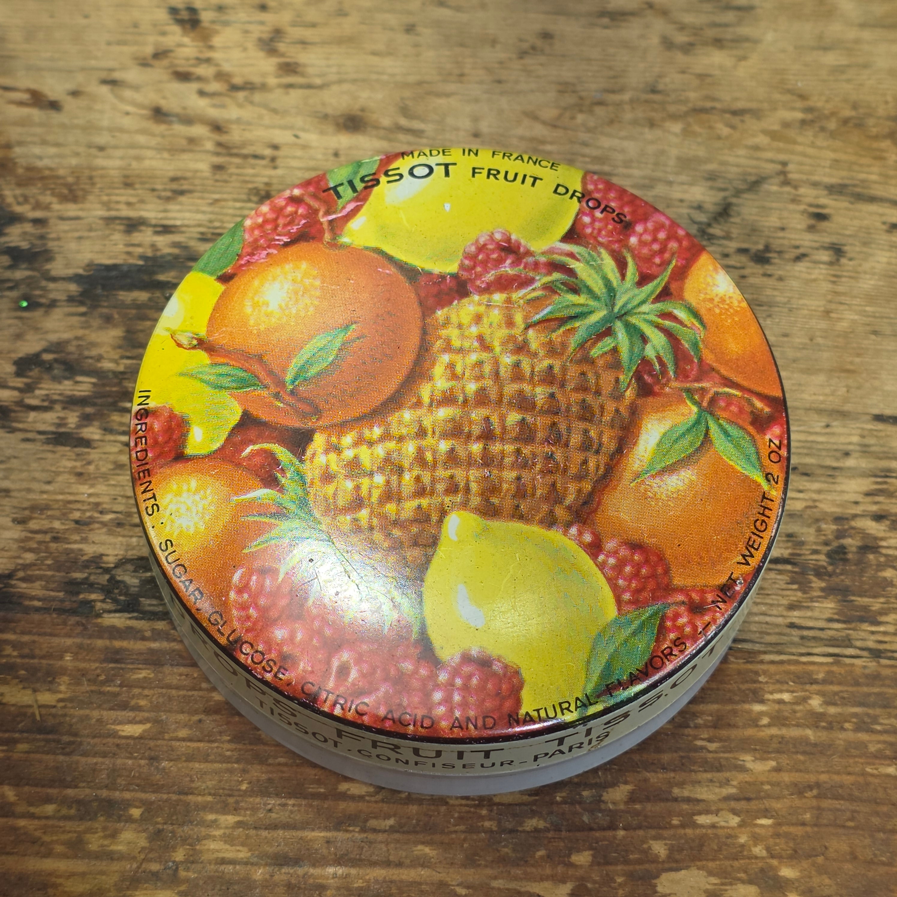 Vintage Tissot Mixed Fruit Candy Tin Empty Metal France Cresca NY Drops Paris(B)