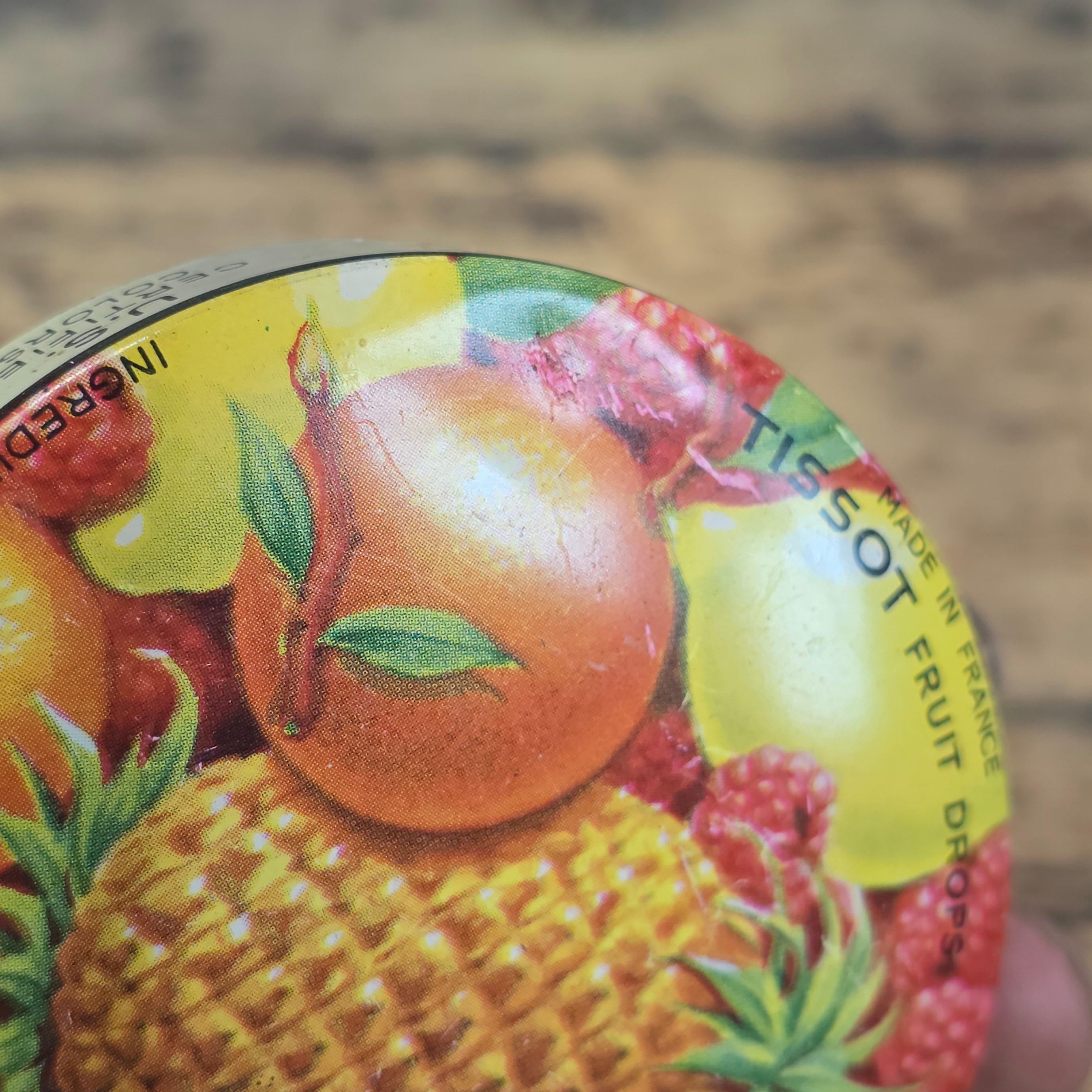 Vintage Tissot Mixed Fruit Candy Tin Empty Metal France Cresca NY Drops Paris(B)