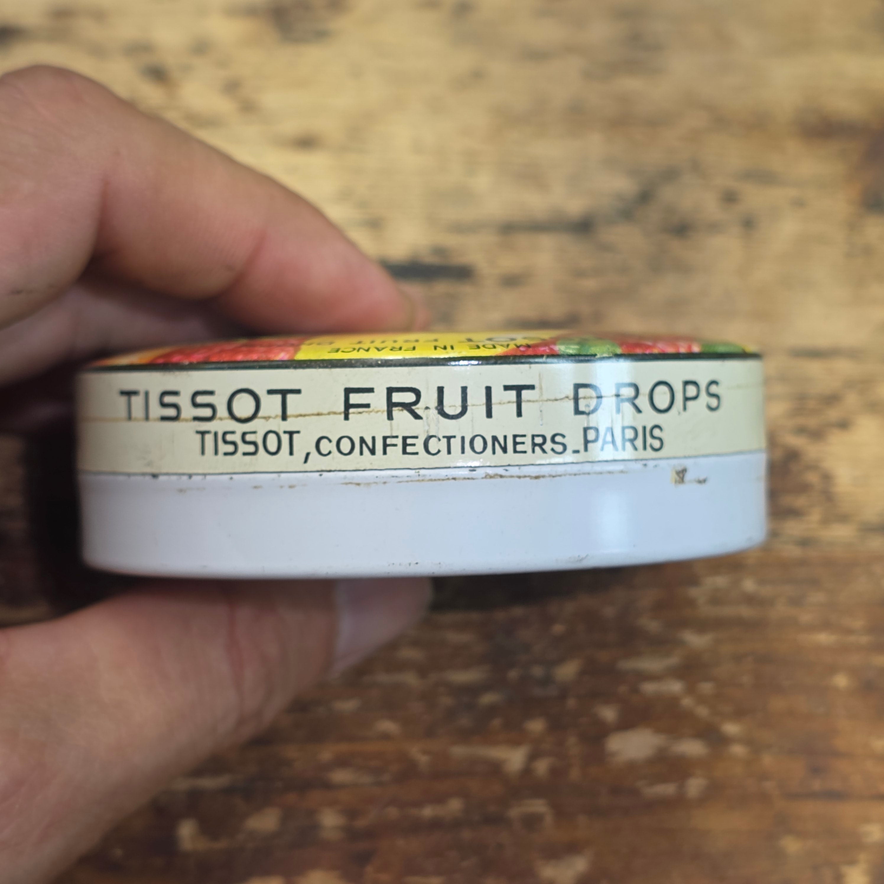 Vintage Tissot Mixed Fruit Candy Tin Empty Metal France Cresca NY Drops Paris(B)
