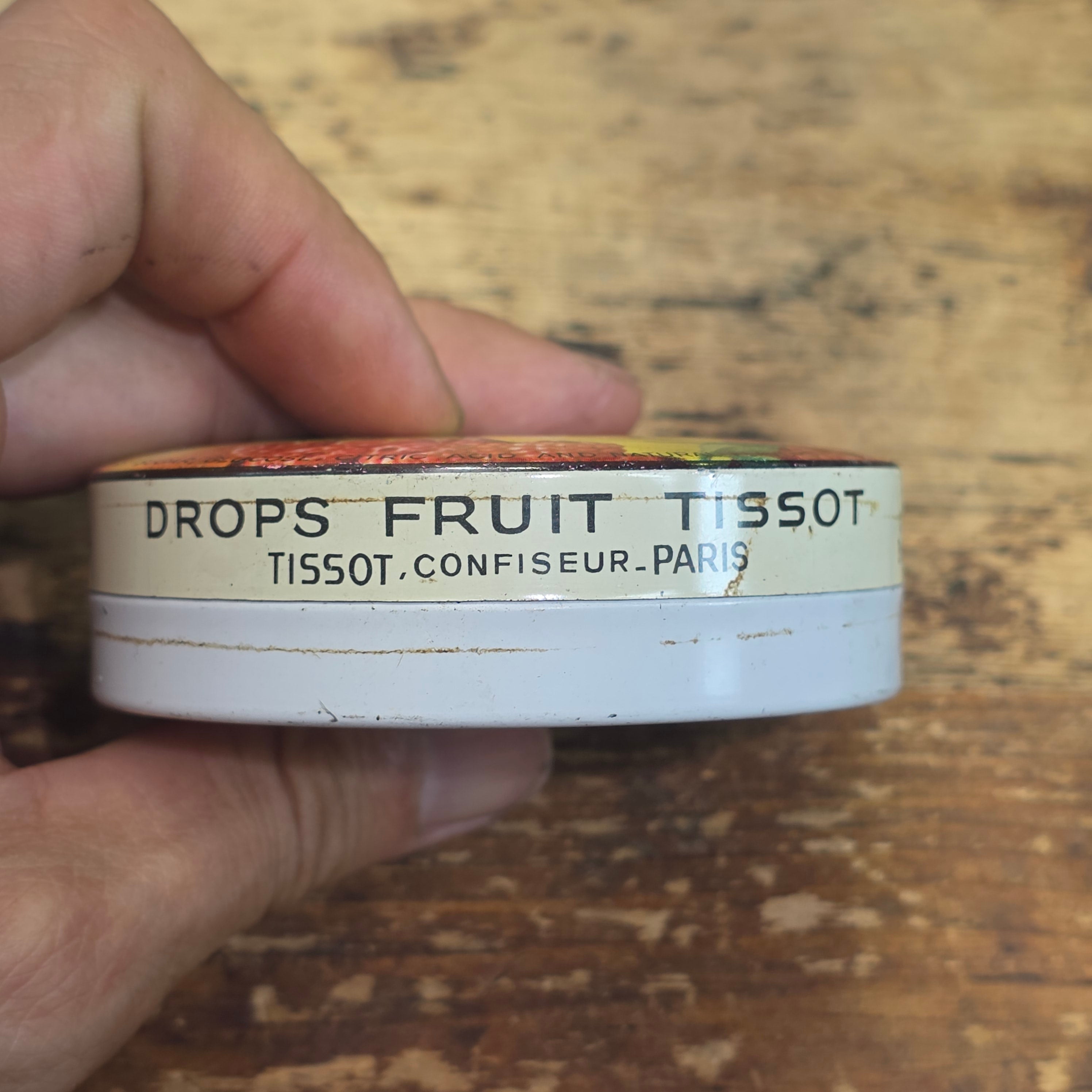 Vintage Tissot Mixed Fruit Candy Tin Empty Metal France Cresca NY Drops Paris(B)