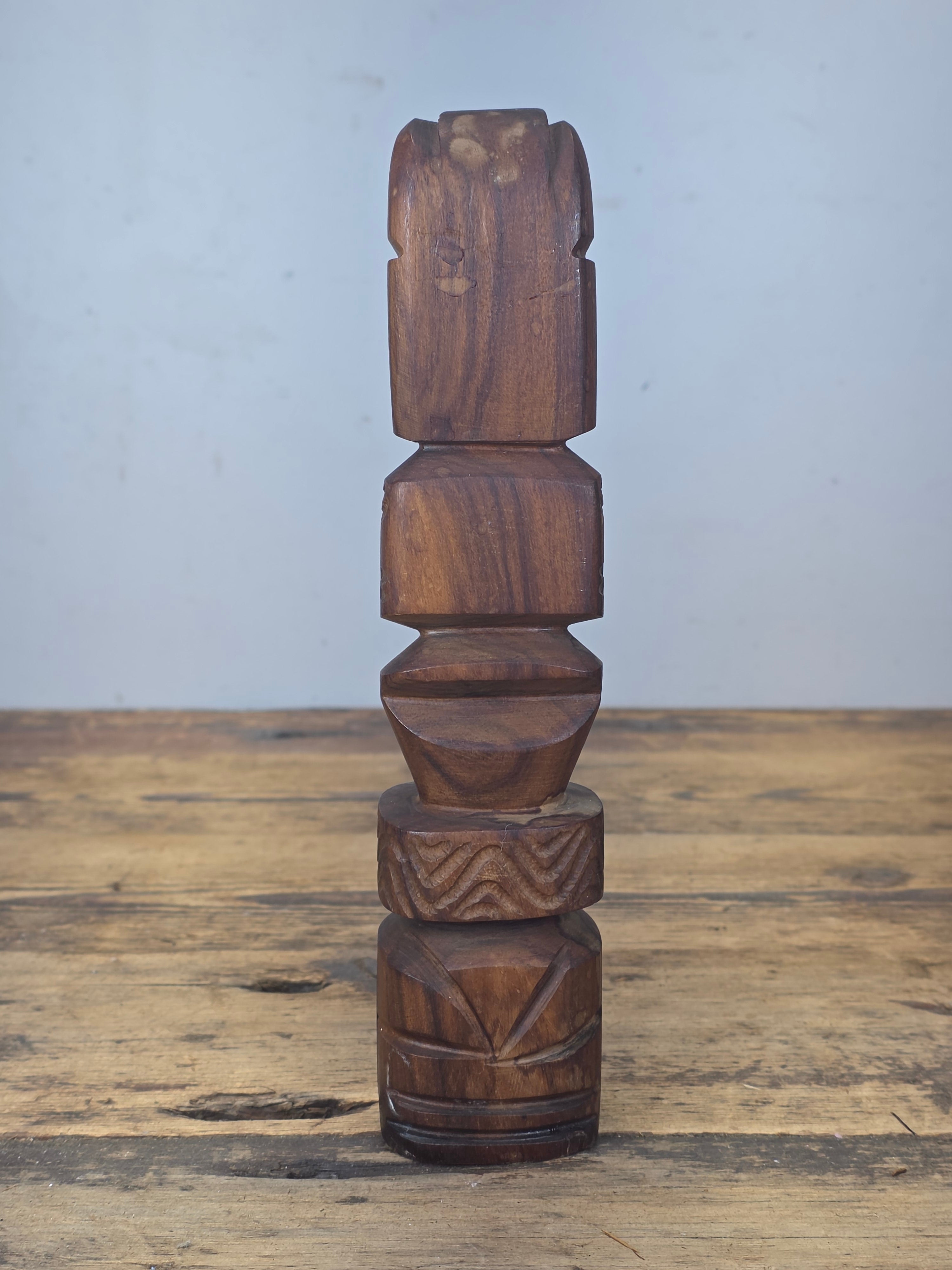 Vintage Hand Carved Wood Tiki Totem Pole Incense Burner Holder Hawaiian MCM 10"