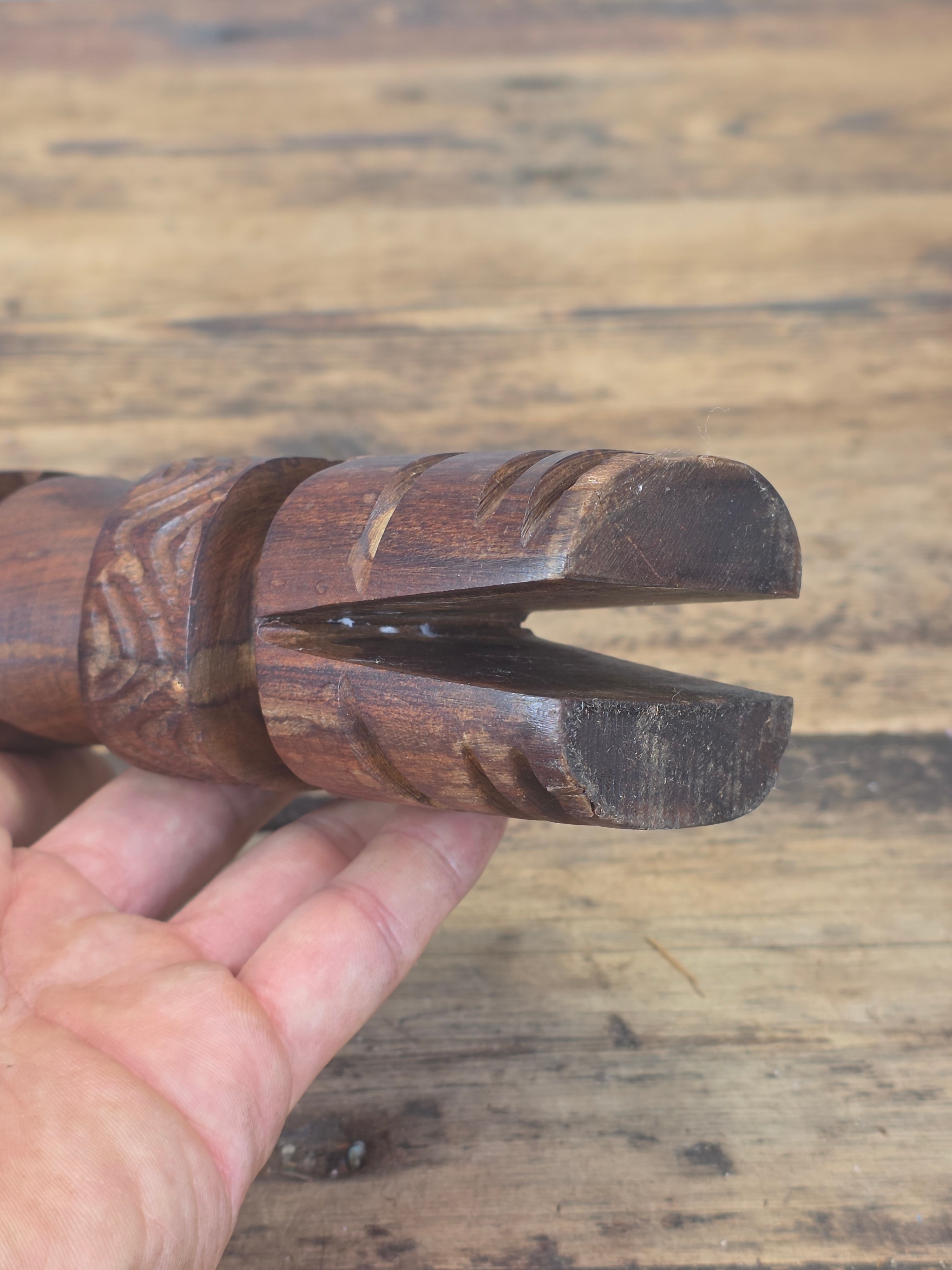 Vintage Hand Carved Wood Tiki Totem Pole Incense Burner Holder Hawaiian MCM 10"