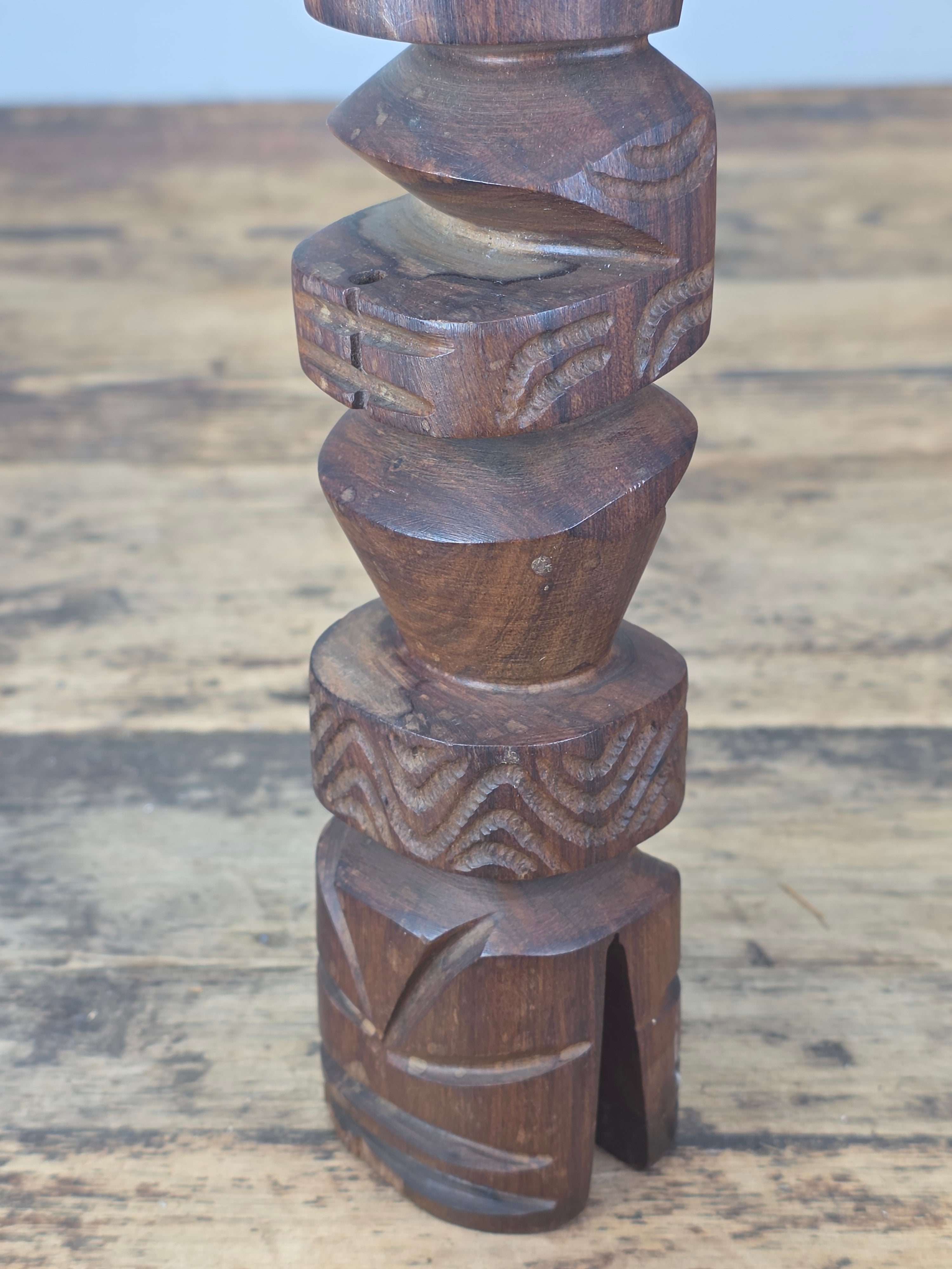 Vintage Hand Carved Wood Tiki Totem Pole Incense Burner Holder Hawaiian MCM 10"