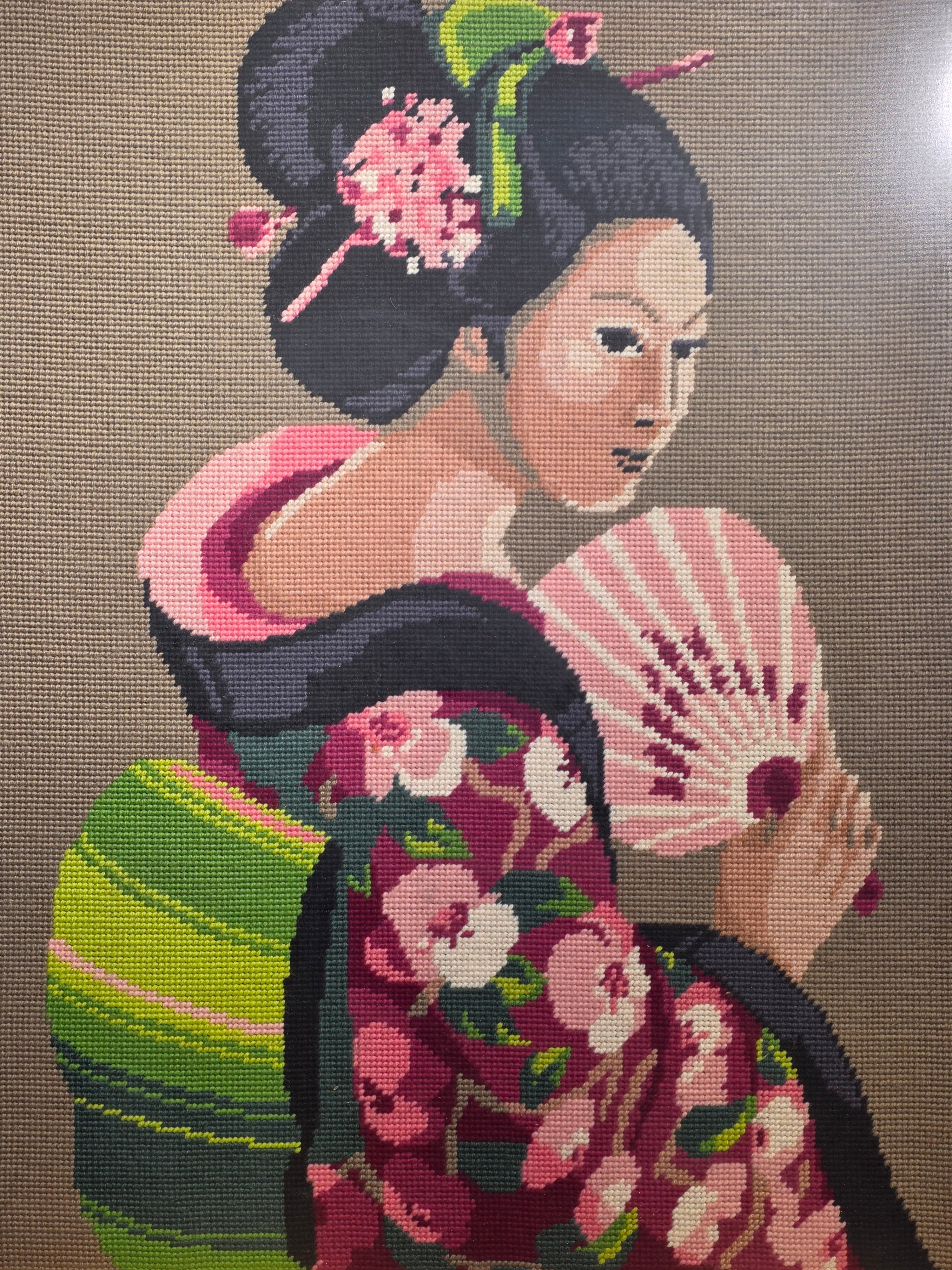 Vintage Framed Needlepoint Japanese Geisha Chinoiserie Faux Bamboo Gold Wall Art