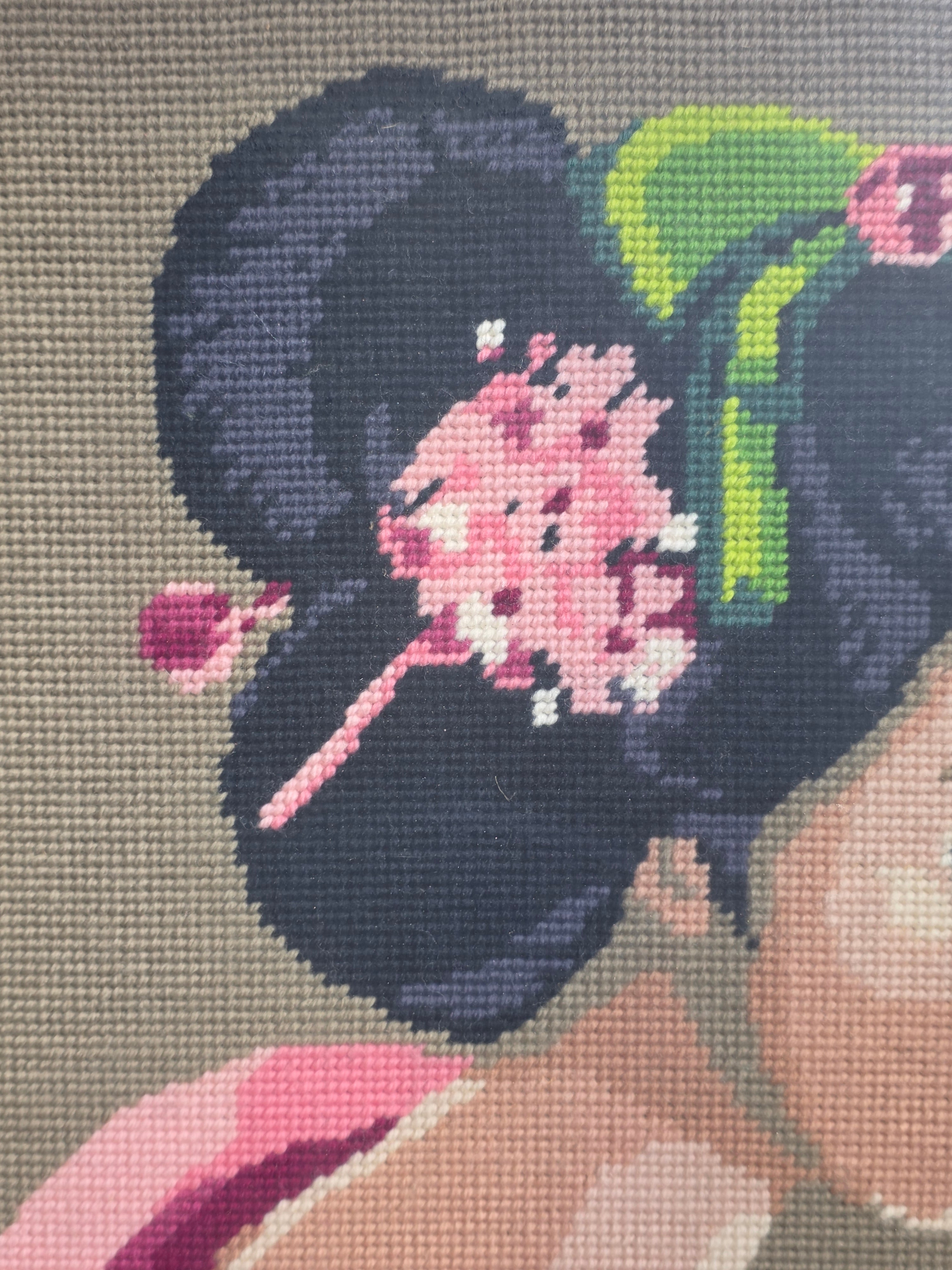 Vintage Framed Needlepoint Japanese Geisha Chinoiserie Faux Bamboo Gold Wall Art