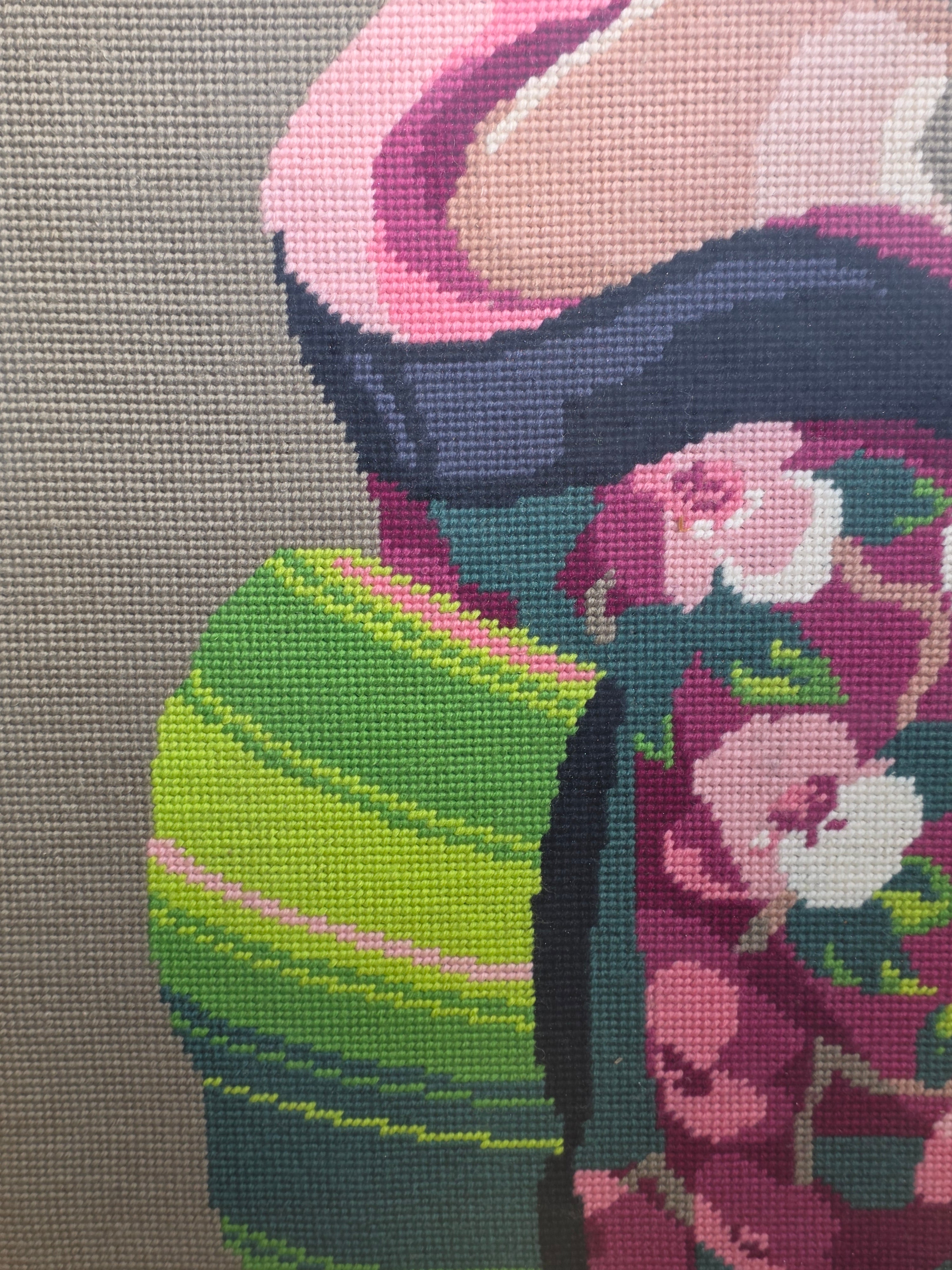 Vintage Framed Needlepoint Japanese Geisha Chinoiserie Faux Bamboo Gold Wall Art