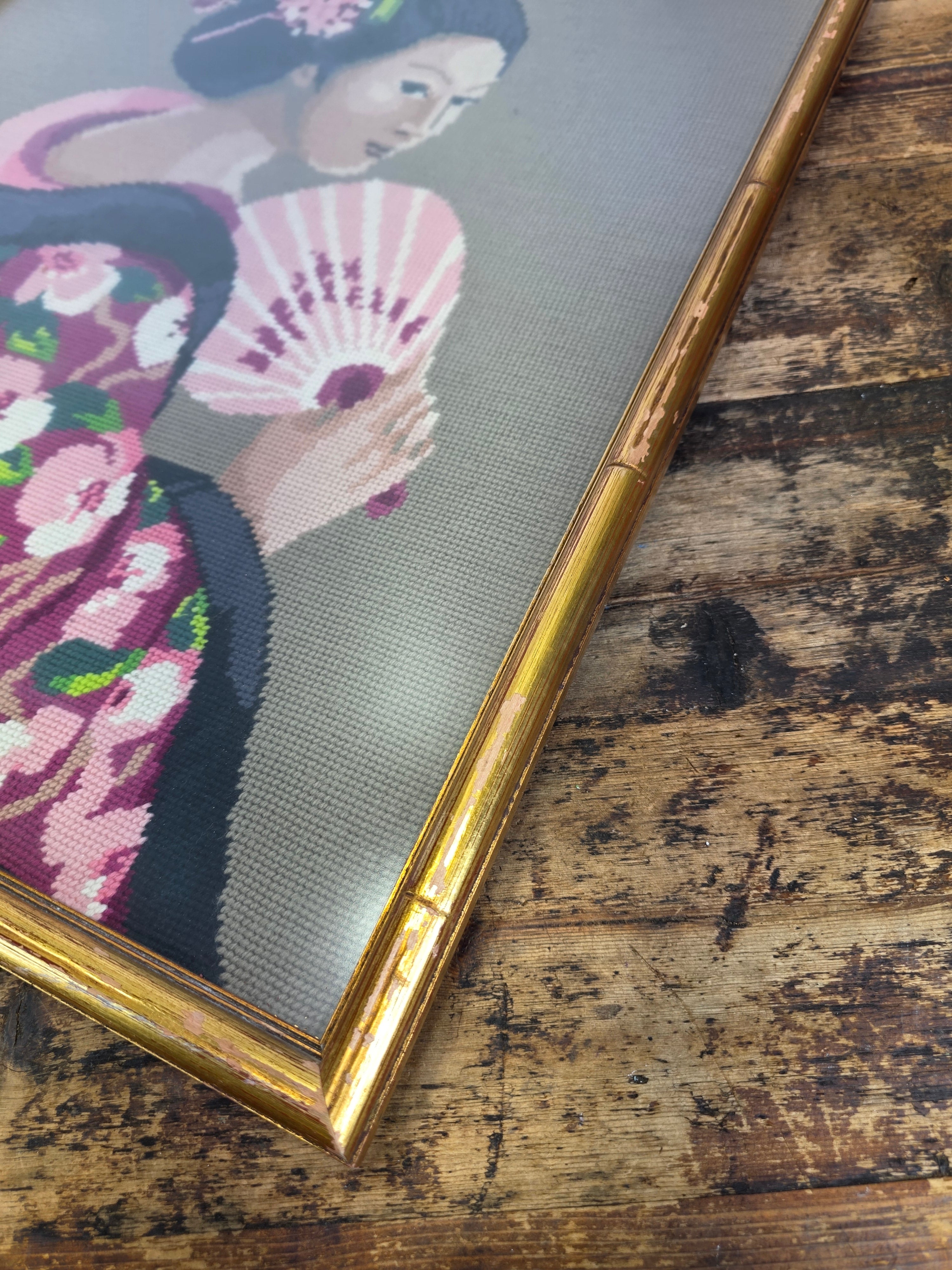 Vintage Framed Needlepoint Japanese Geisha Chinoiserie Faux Bamboo Gold Wall Art