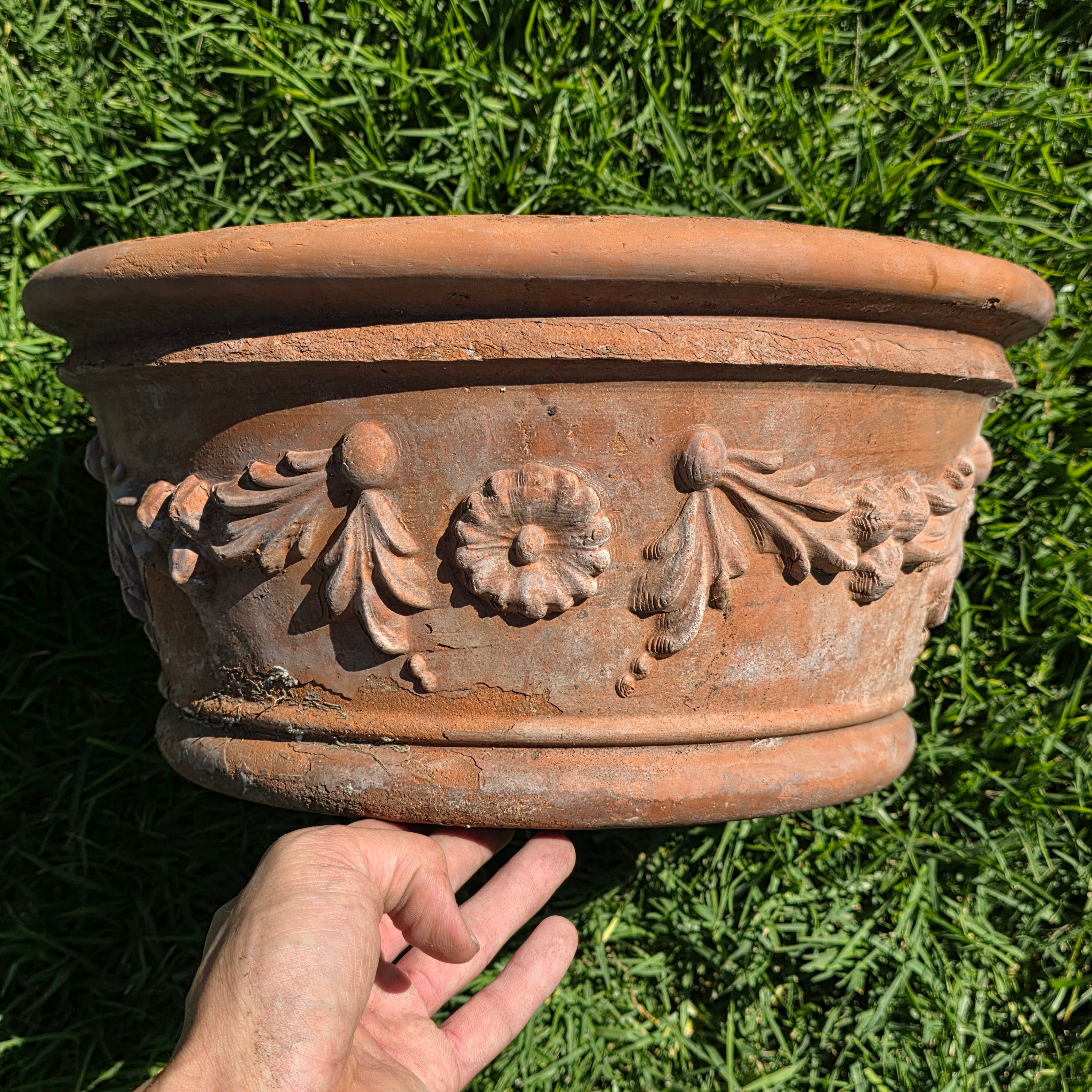 Vintage Deroma Italy Terracotta Planter Pot Festoon Garland Bowl 15.5" Patina