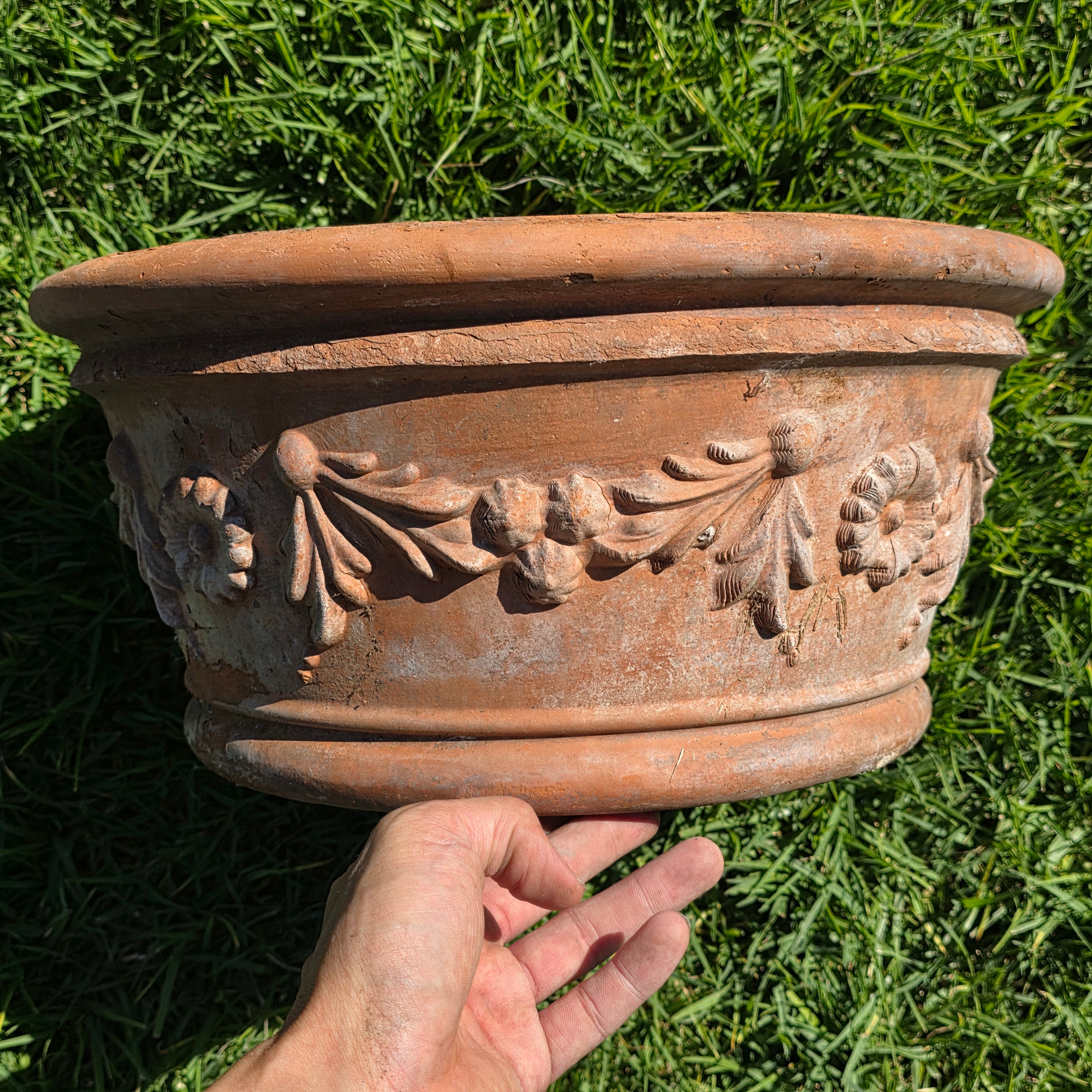 Vintage Deroma Italy Terracotta Planter Pot Festoon Garland Bowl 15.5" Patina