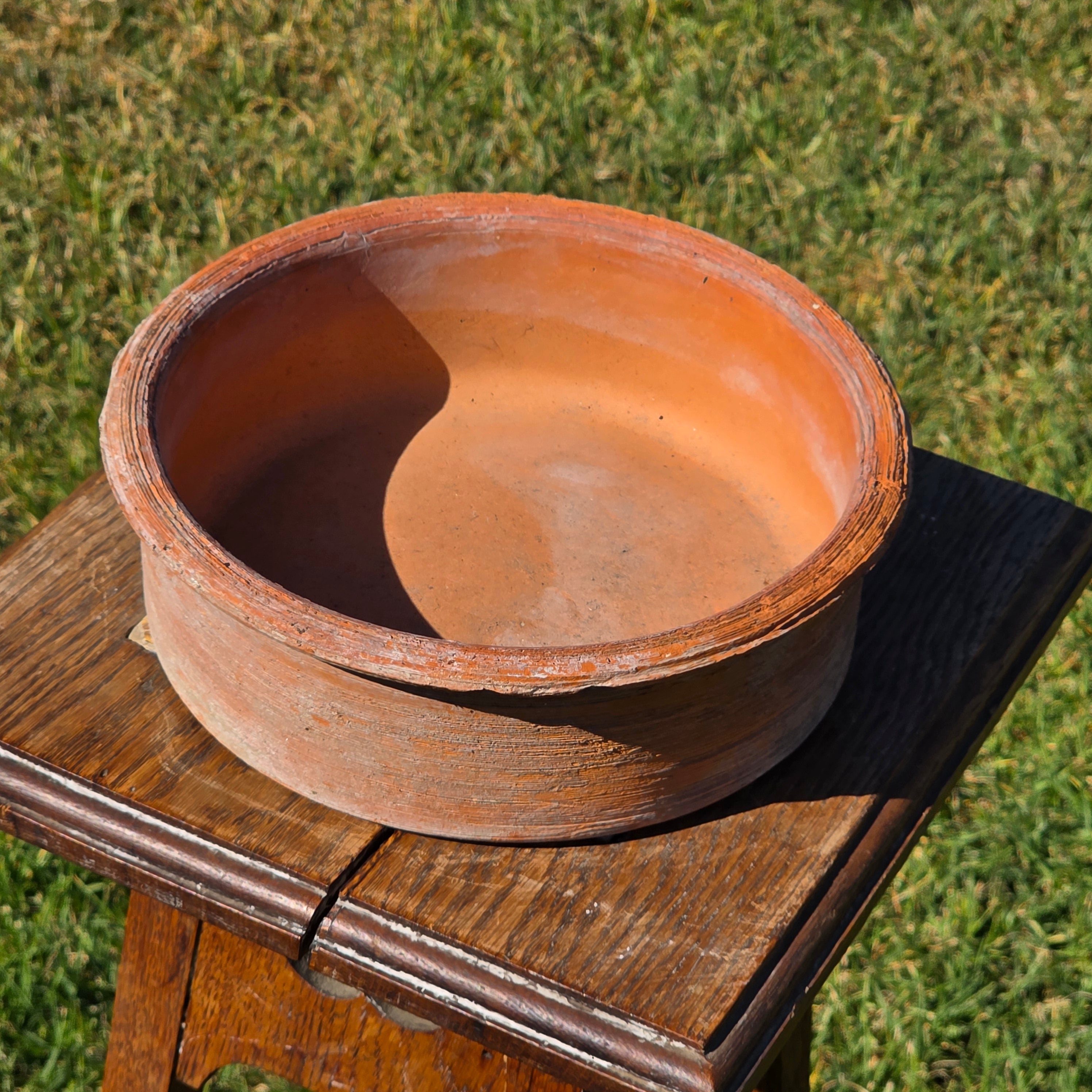 Vintage Terracotta Clay Shallow Bowl Planter Rustic Ribbed Garden Pot 8.75"