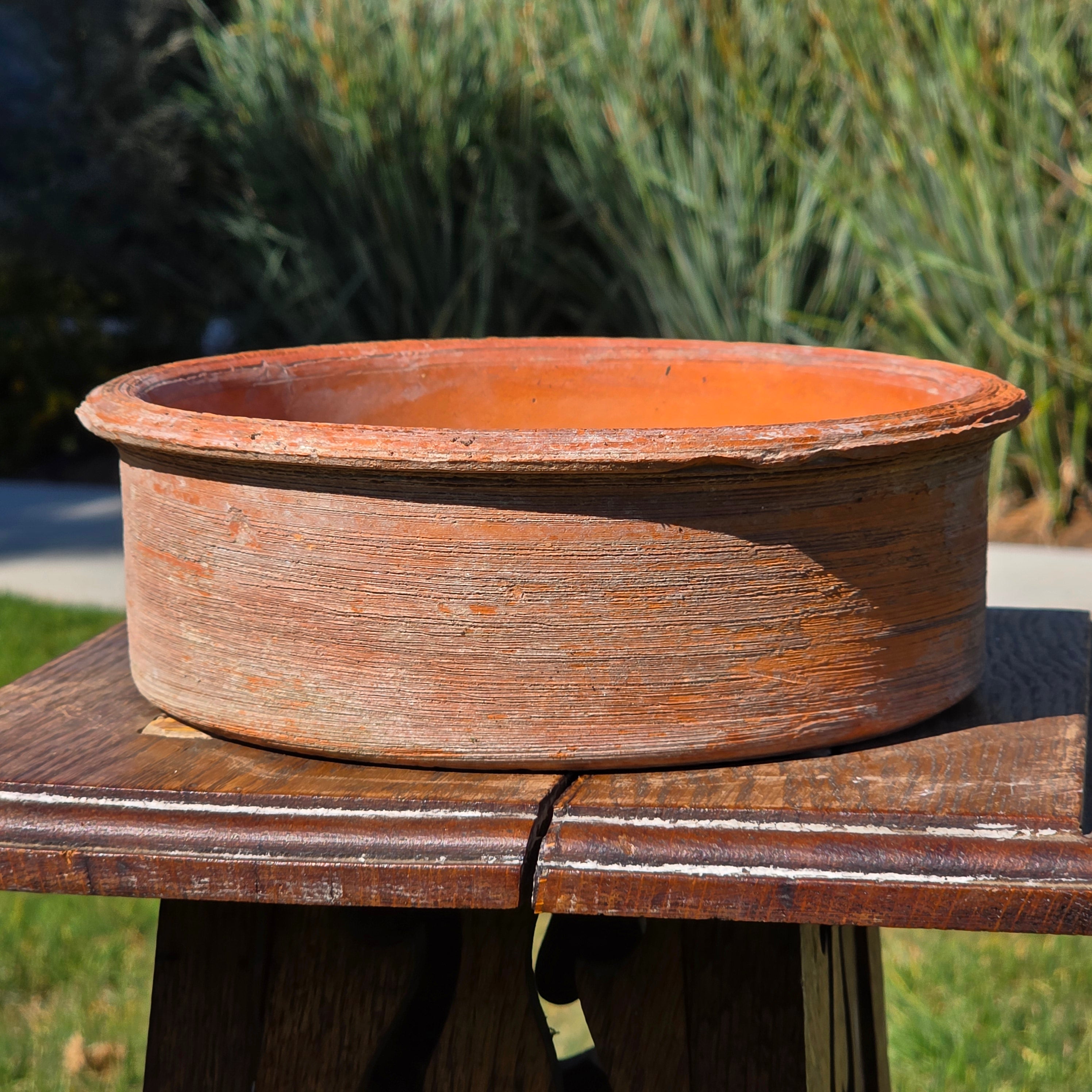 Vintage Terracotta Clay Shallow Bowl Planter Rustic Ribbed Garden Pot 8.75"