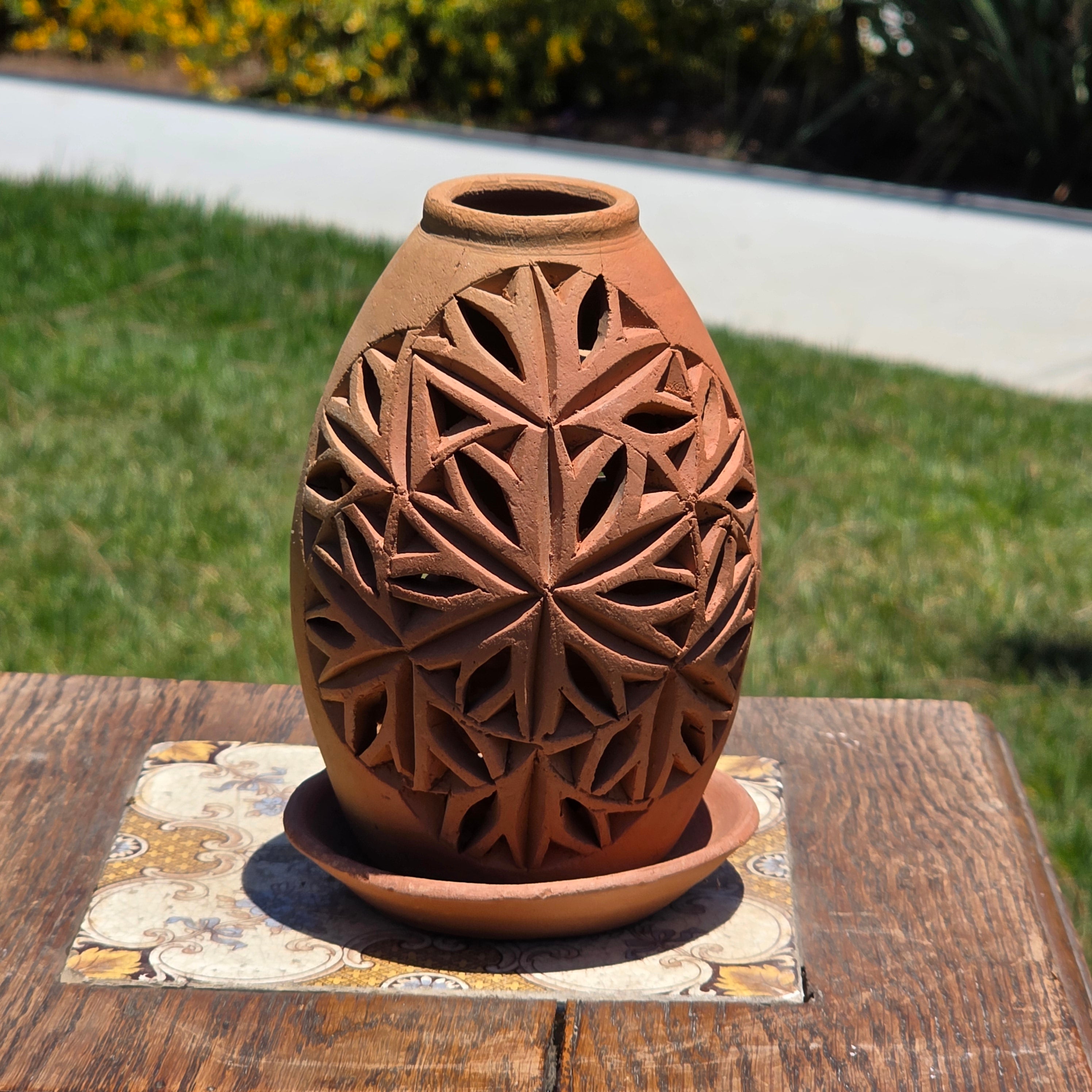 Vintage Terracotta Pierced Luminary Candle Holder Dome Rustic Clay Lantern