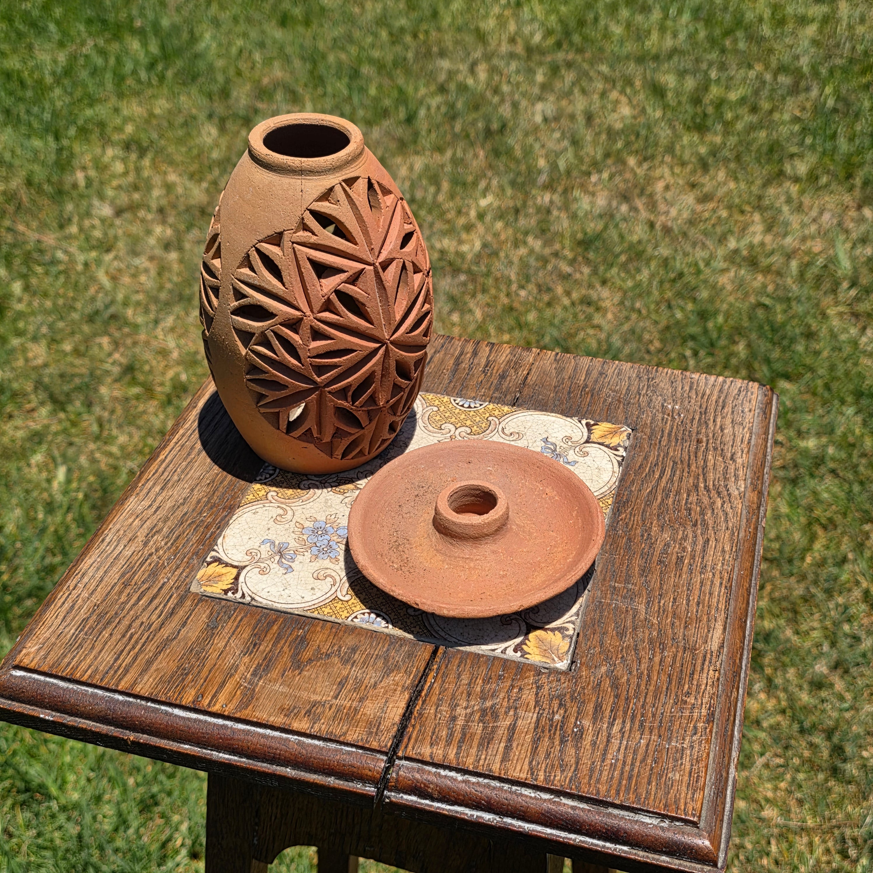 Vintage Terracotta Pierced Luminary Candle Holder Dome Rustic Clay Lantern