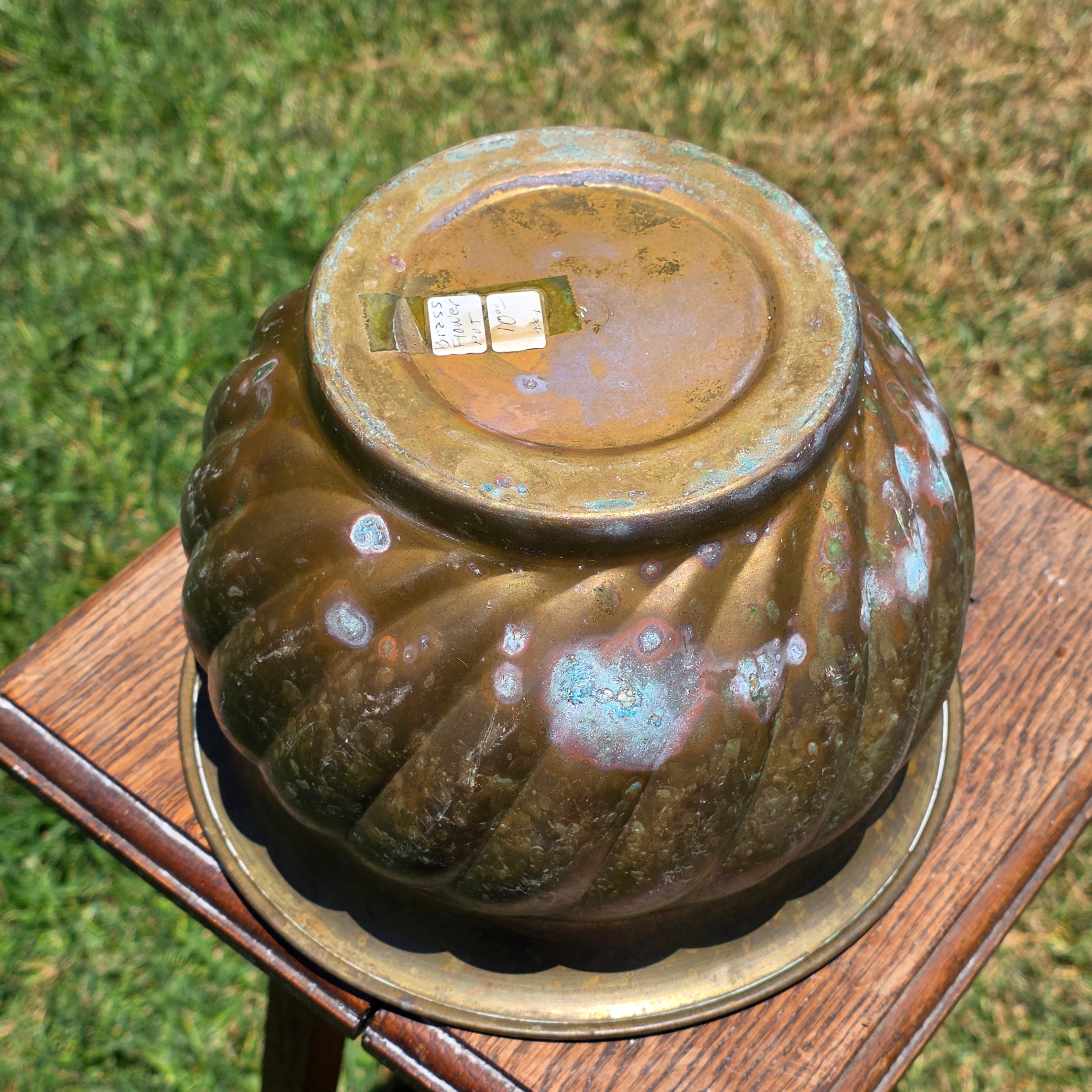 Vintage Brass Planter Pot Swirl Fluted Jardiniere Verdigris Patina 9" Boho