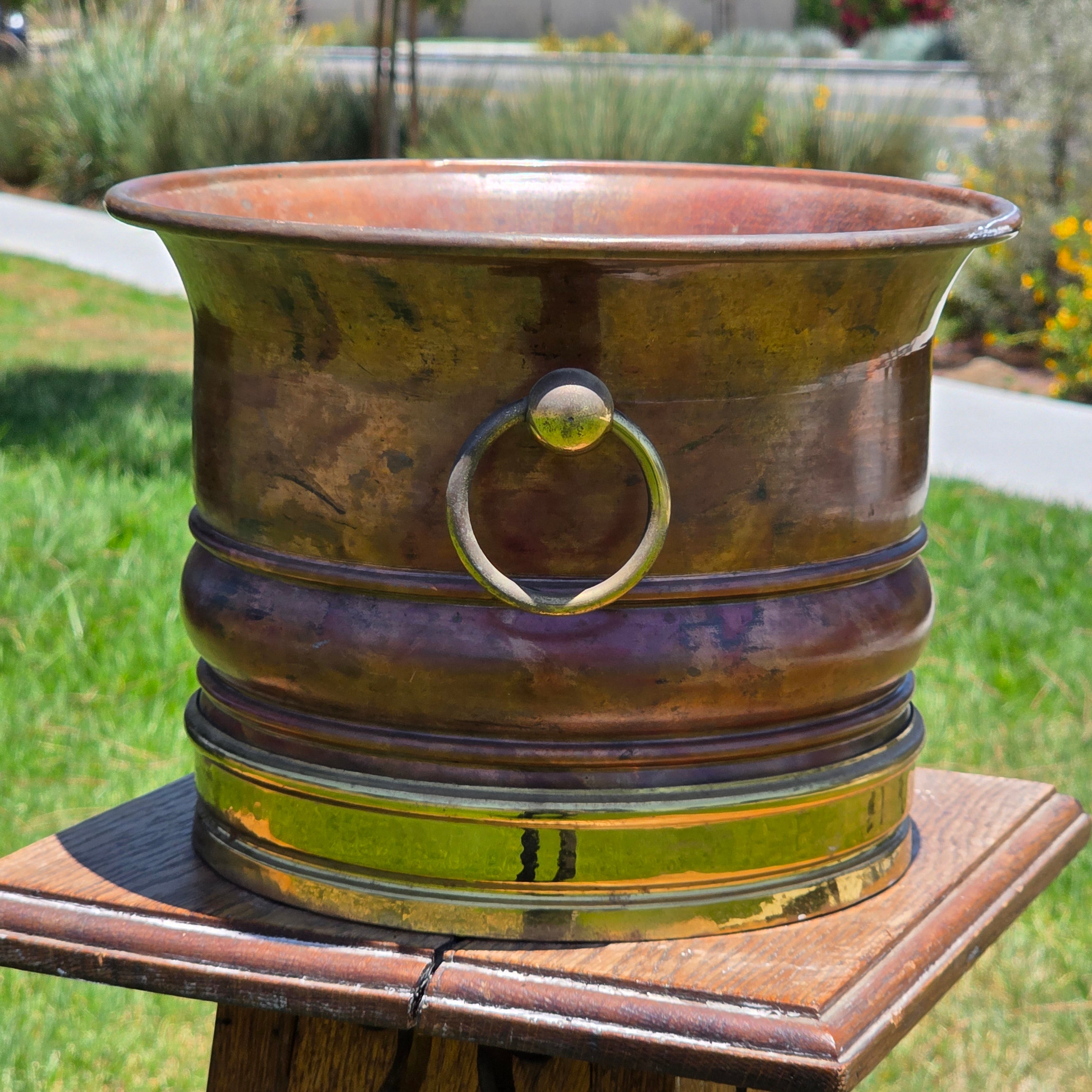 Vintage Copper Brass Cachepot Planter Pot Ring Handles Rustic Jardiniere 10.5"